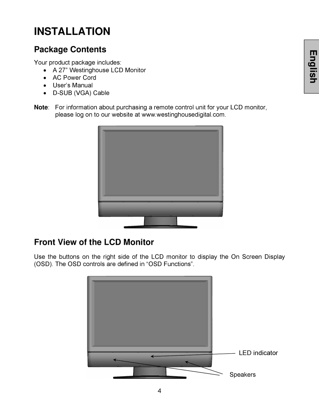 Westinghouse LCM-27w4 manual Package Contents, Front View of the LCD Monitor 