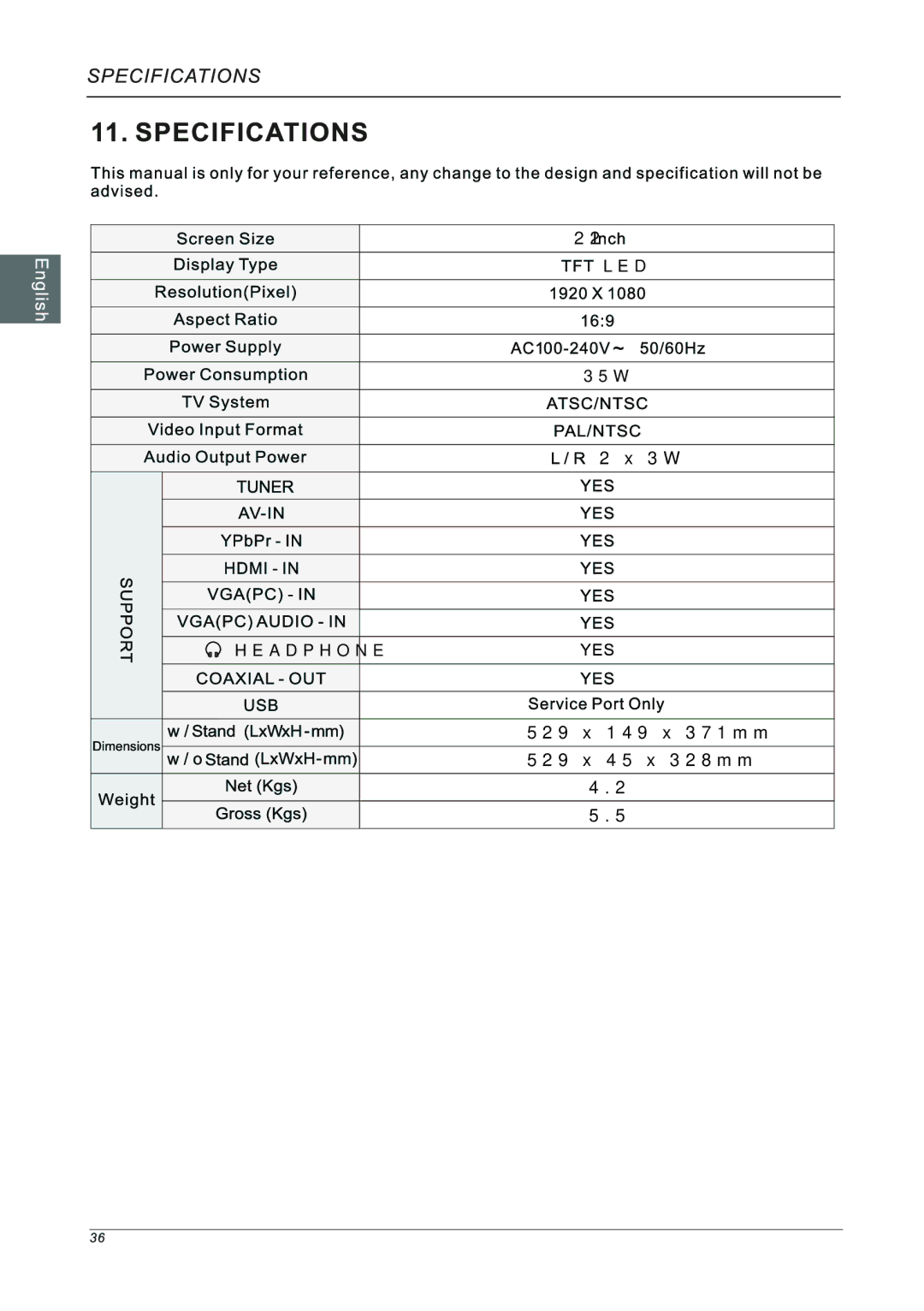 Westinghouse LD-2240, LED TV Set manual 529 x 149 x 371mm 