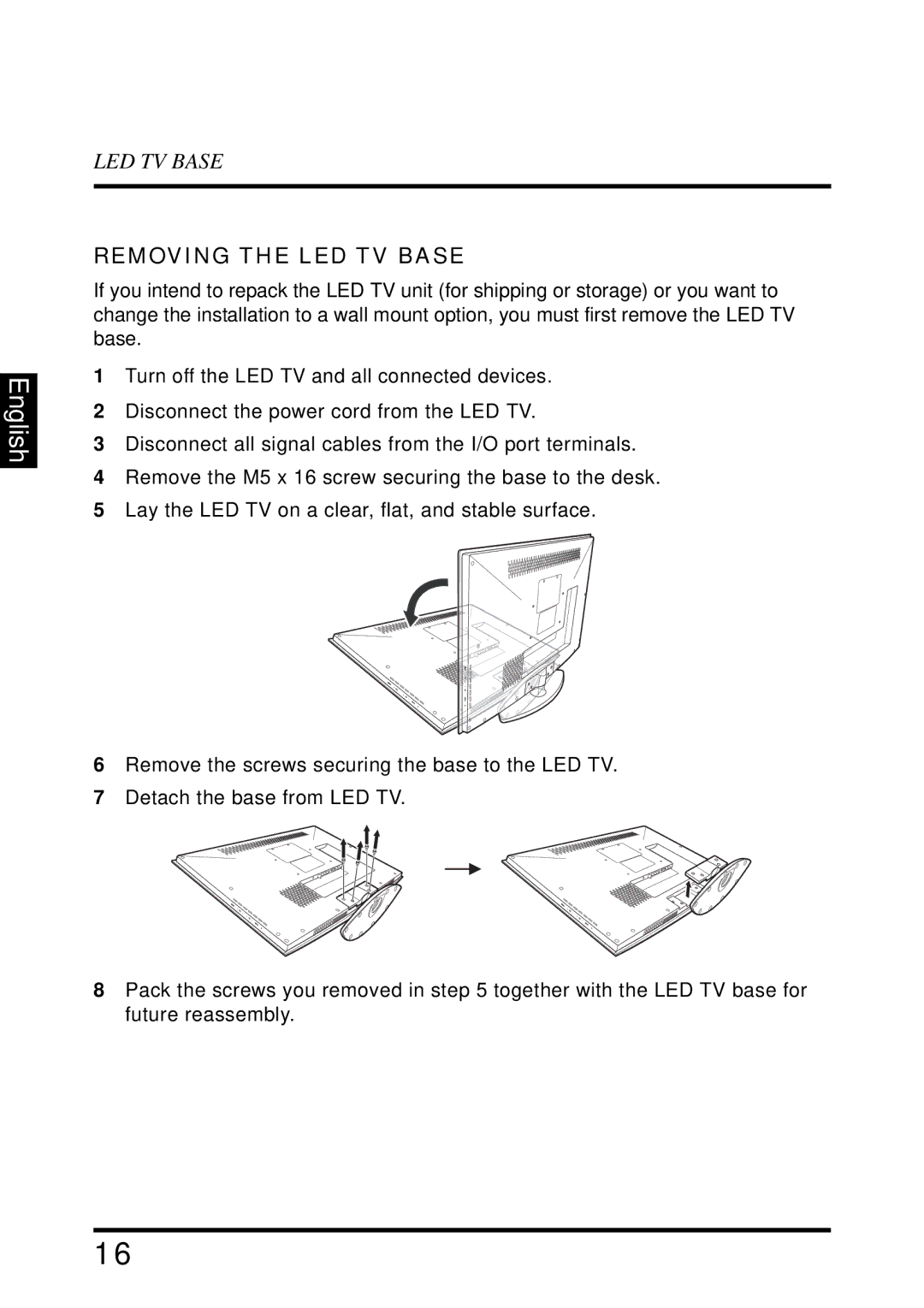 Westinghouse LD-2655VX user manual Removing the LED TV Base 