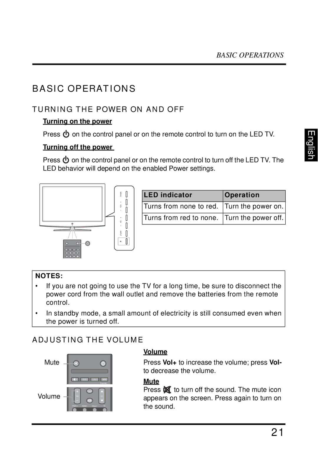 Westinghouse LD-2655VX user manual Basic Operations, Turning the Power on and OFF, Adjusting the Volume 