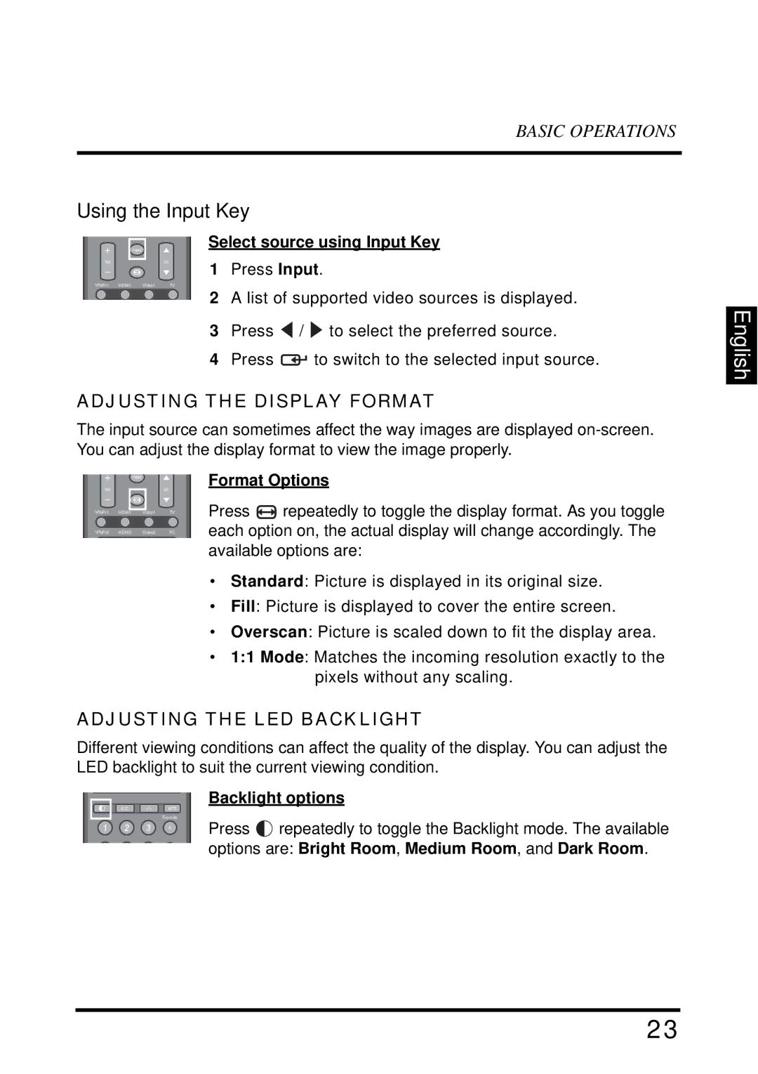 Westinghouse LD-2655VX Adjusting the Display Format, Adjusting the LED Backlight, Format Options, Backlight options 