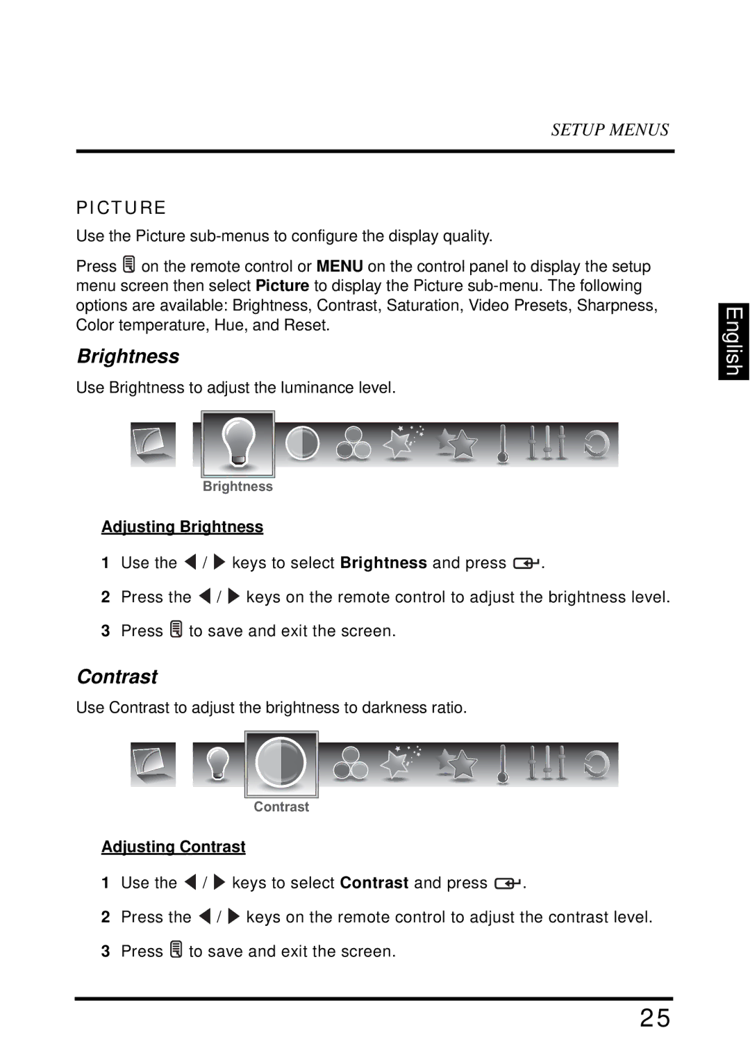 Westinghouse LD-2655VX user manual Picture, Adjusting Brightness, Adjusting Contrast 