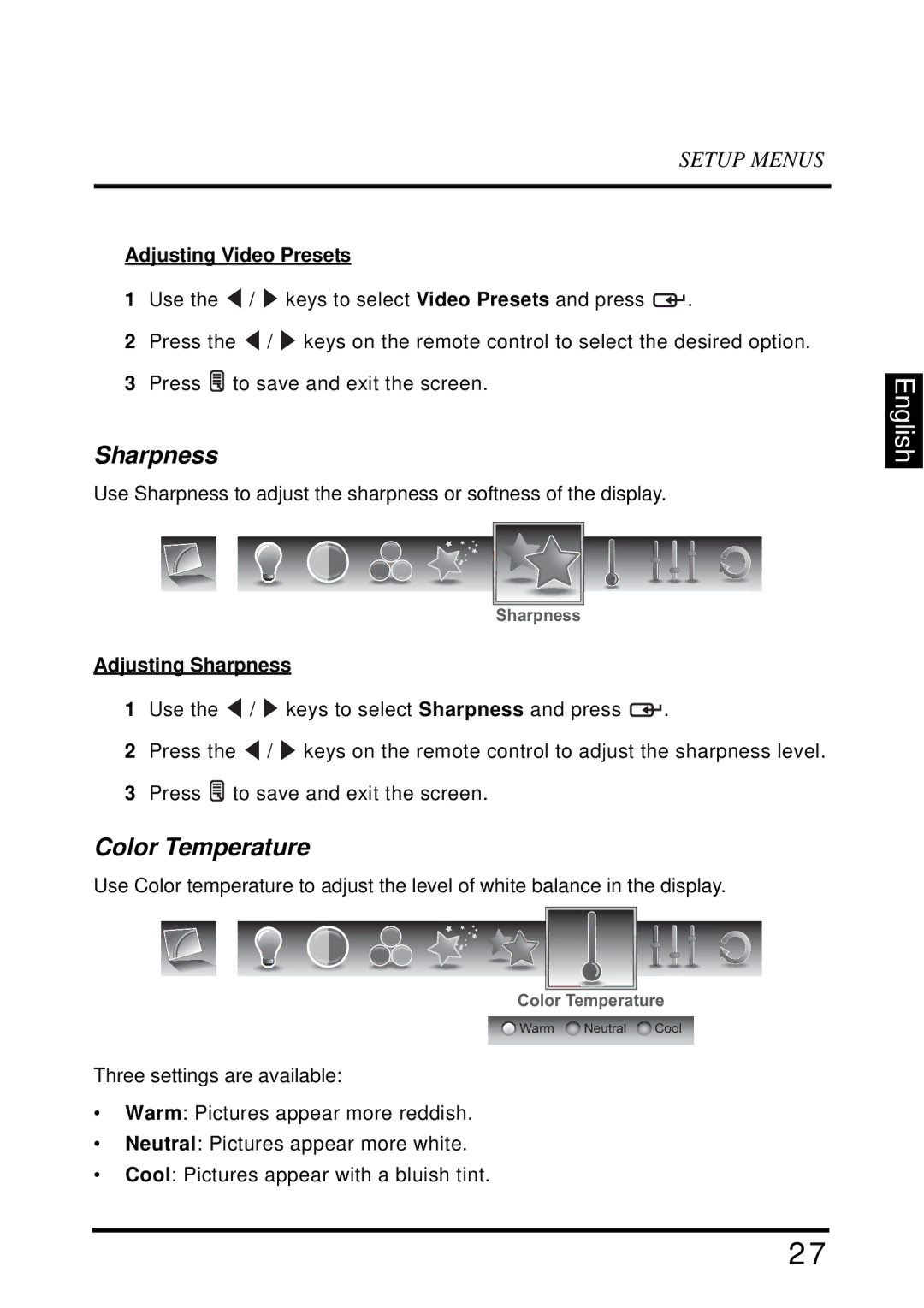 Westinghouse LD-2655VX user manual Color Temperature, Adjusting Video Presets, Adjusting Sharpness 