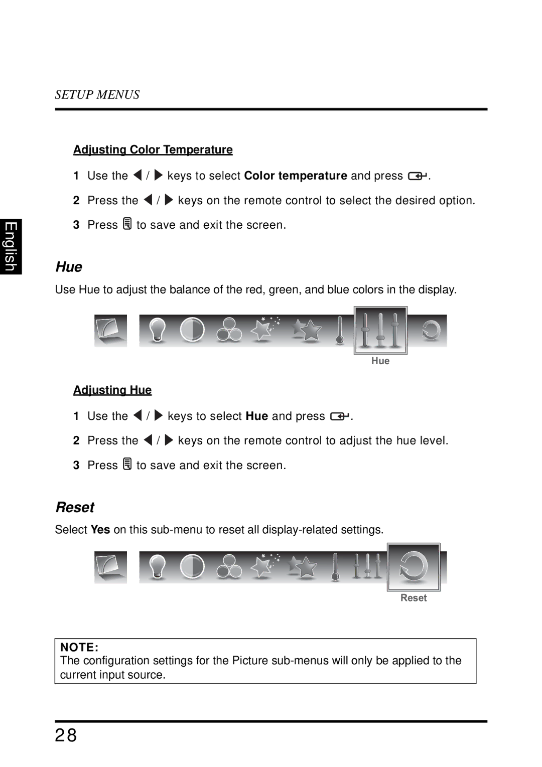 Westinghouse LD-2655VX user manual Reset, Adjusting Color Temperature, Adjusting Hue 