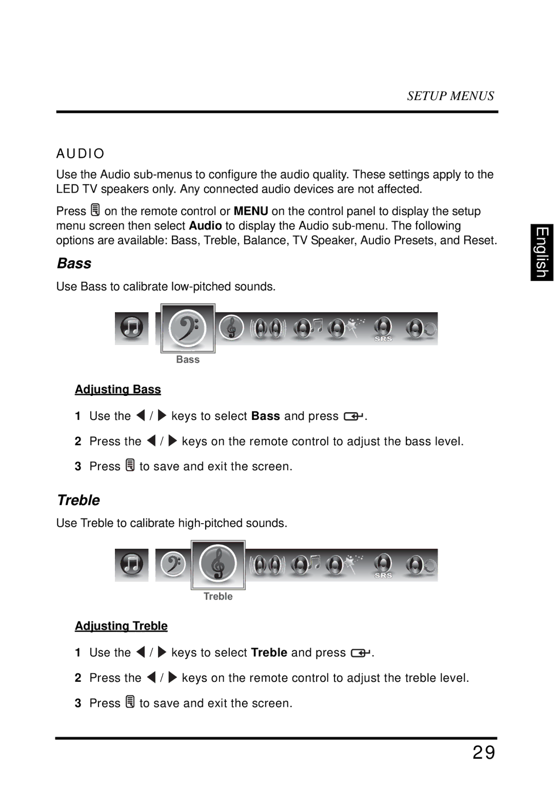 Westinghouse LD-2655VX user manual Audio, Adjusting Bass, Adjusting Treble 