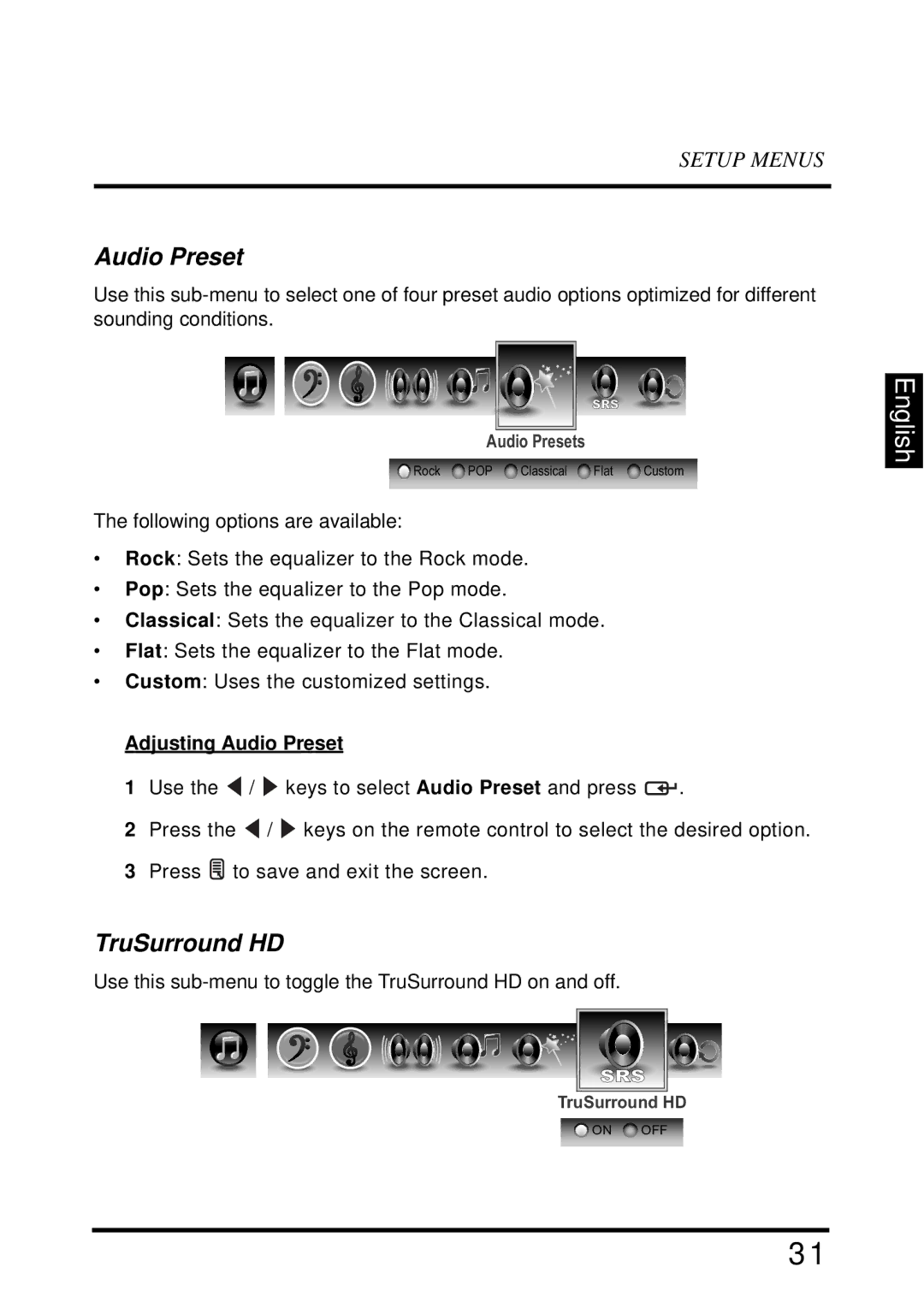 Westinghouse LD-2655VX user manual TruSurround HD, Adjusting Audio Preset 