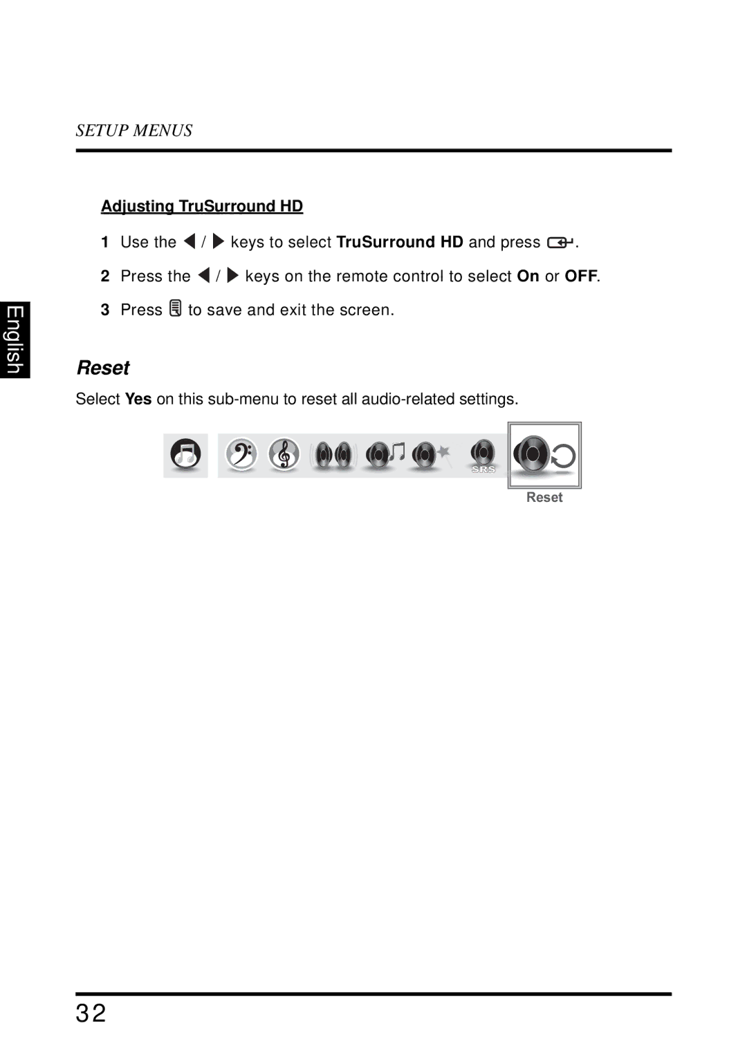 Westinghouse LD-2655VX user manual Reset, Adjusting TruSurround HD 