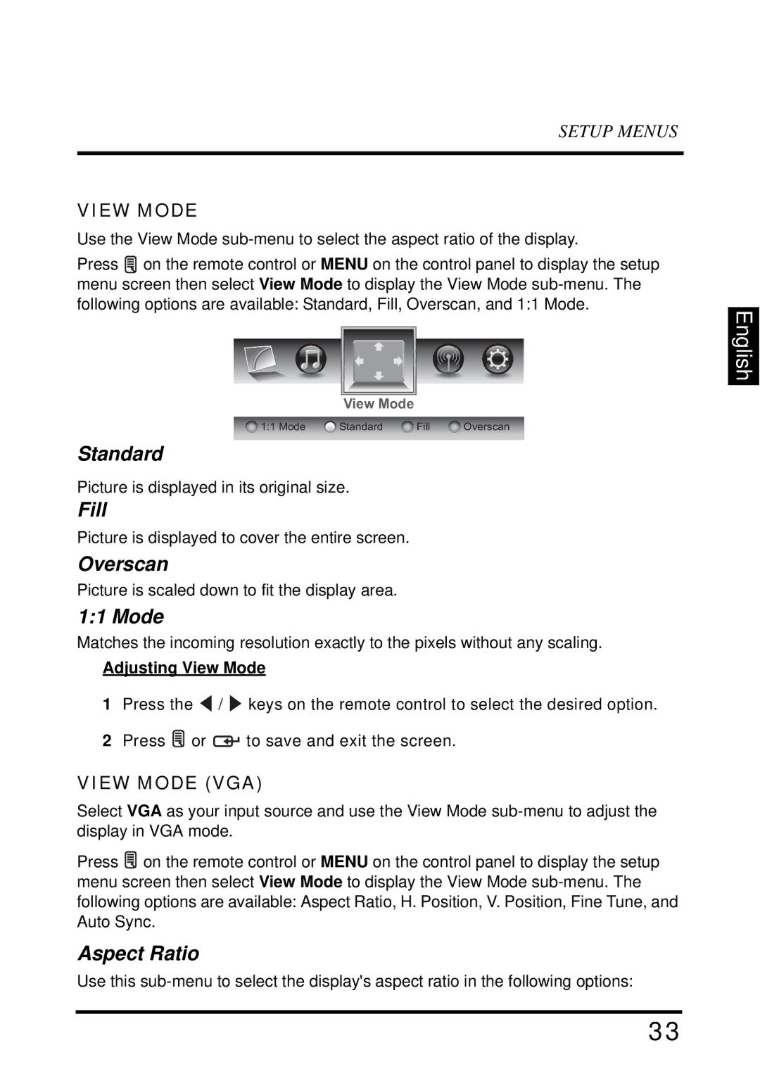 Westinghouse LD-2655VX user manual Standard, Fill, Overscan, Mode, Aspect Ratio 