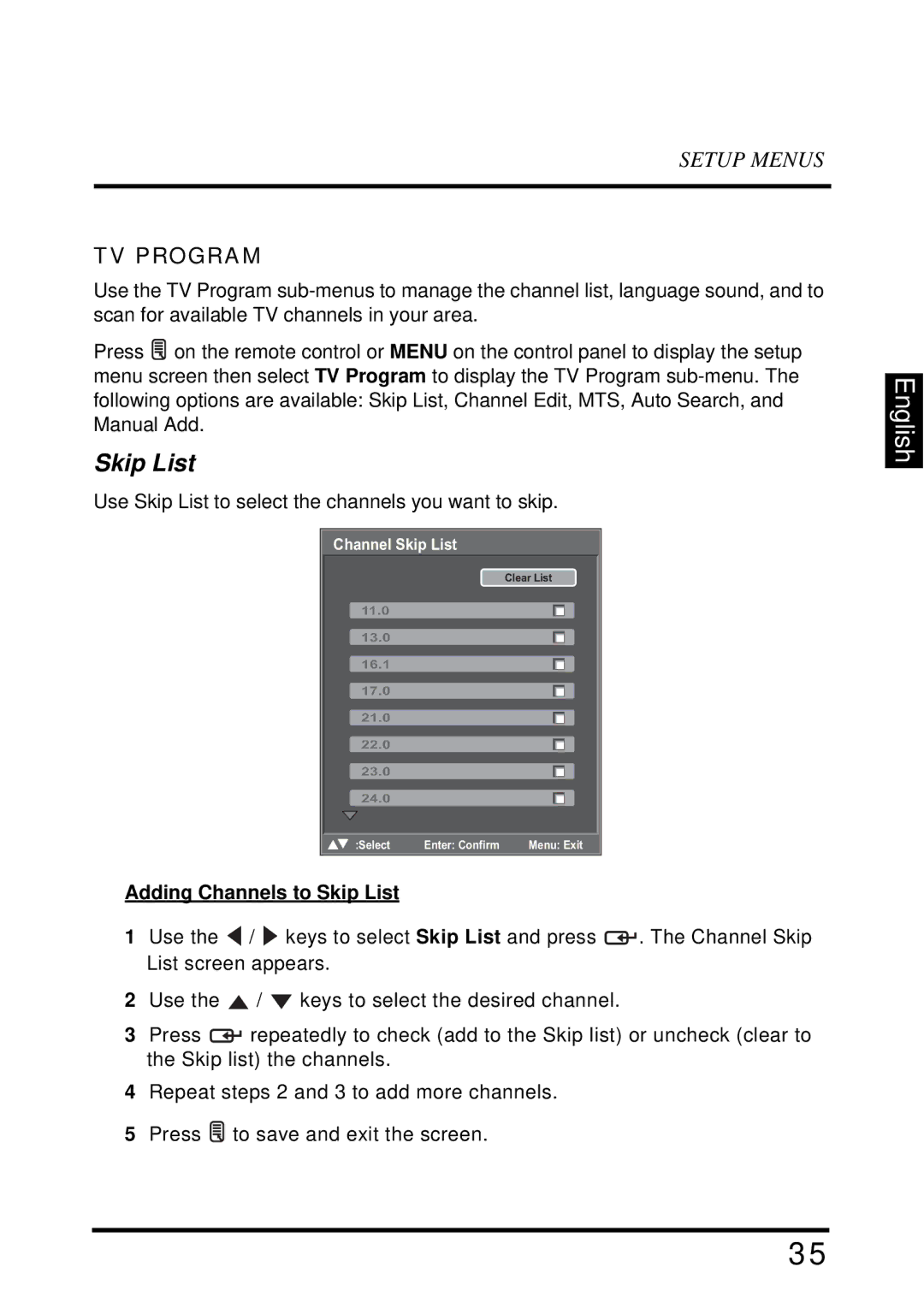 Westinghouse LD-2655VX user manual TV Program, Adding Channels to Skip List 