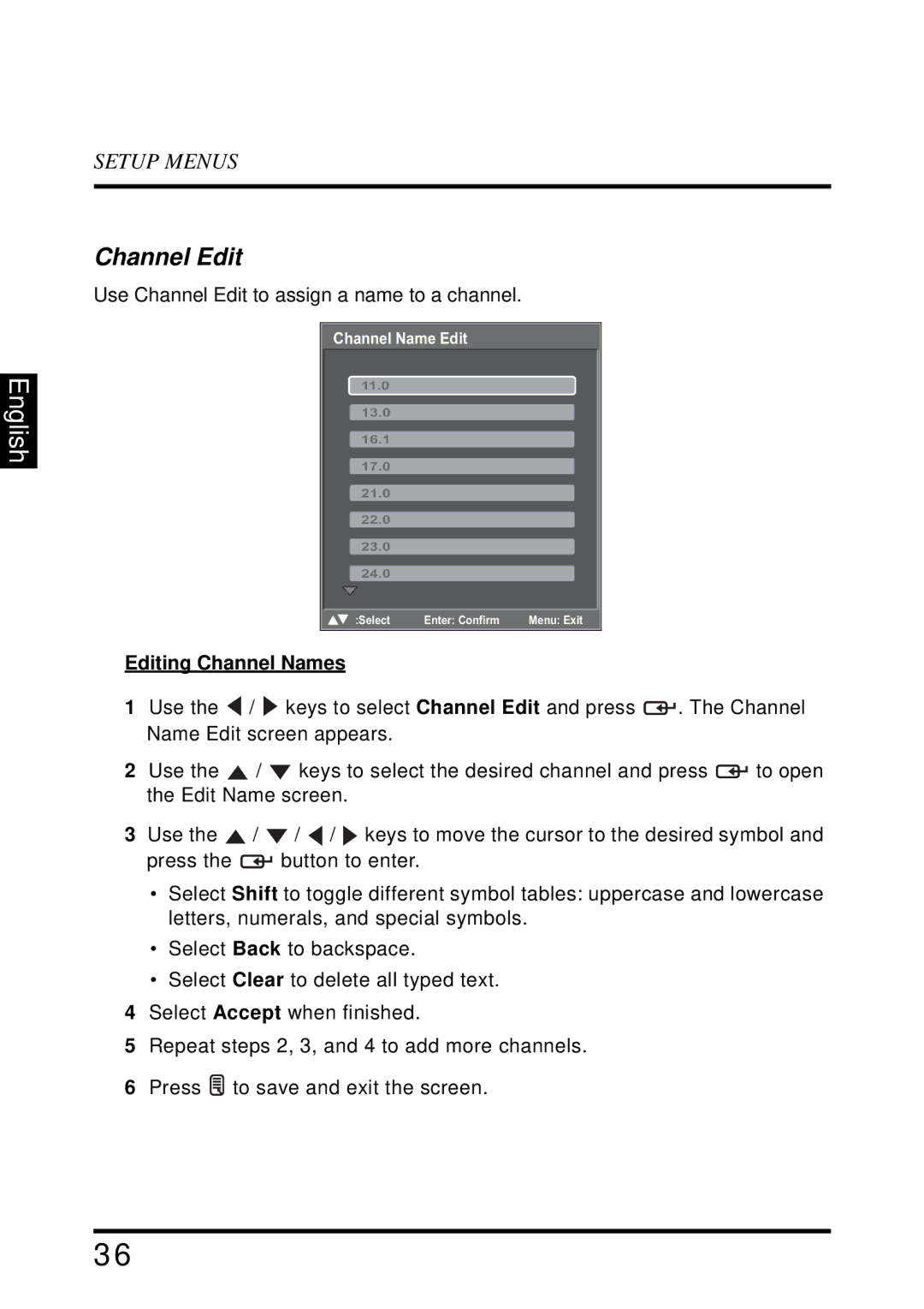 Westinghouse LD-2655VX user manual Channel Edit, Editing Channel Names 