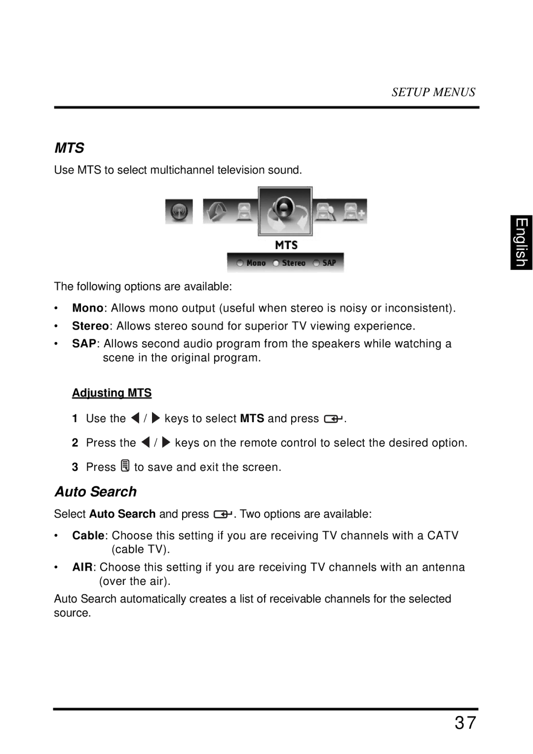 Westinghouse LD-2655VX user manual Auto Search, Adjusting MTS 