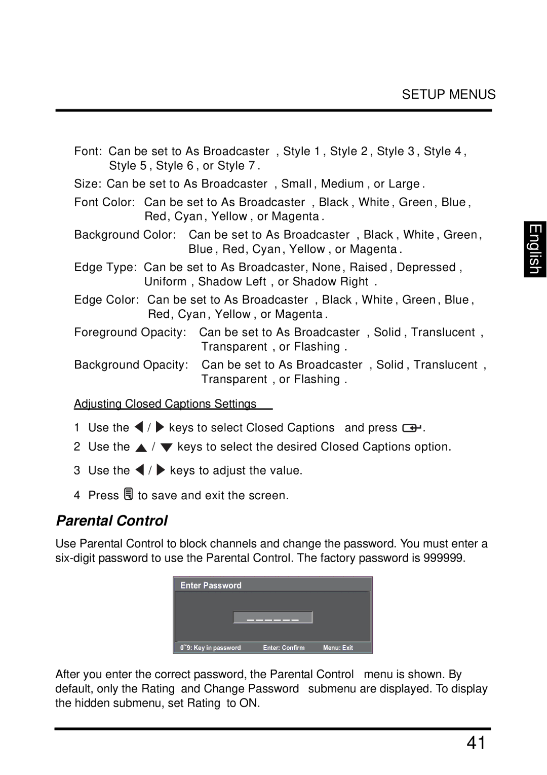 Westinghouse LD-2655VX user manual Parental Control 