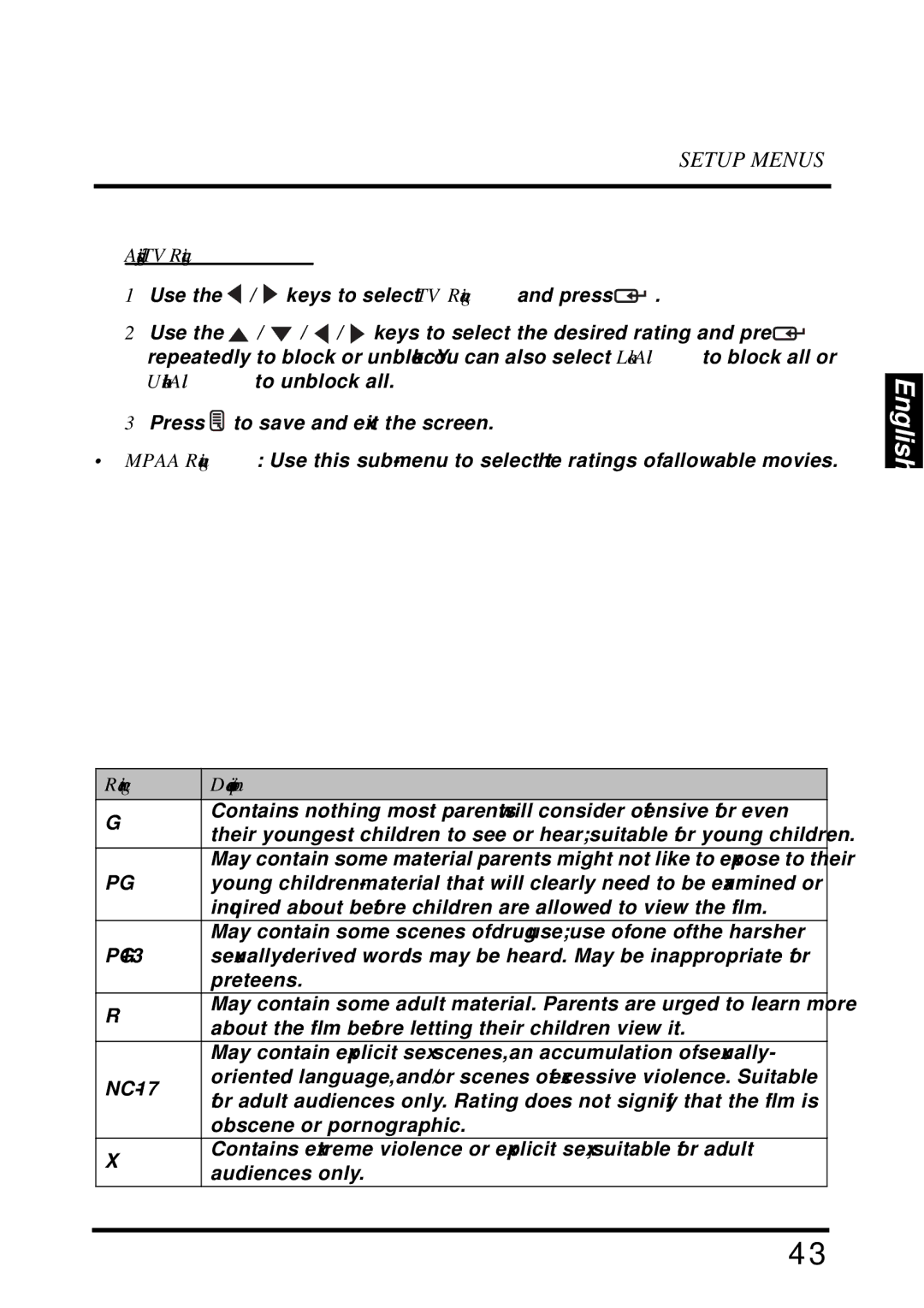 Westinghouse LD-2655VX user manual Adjusting TV Rating 