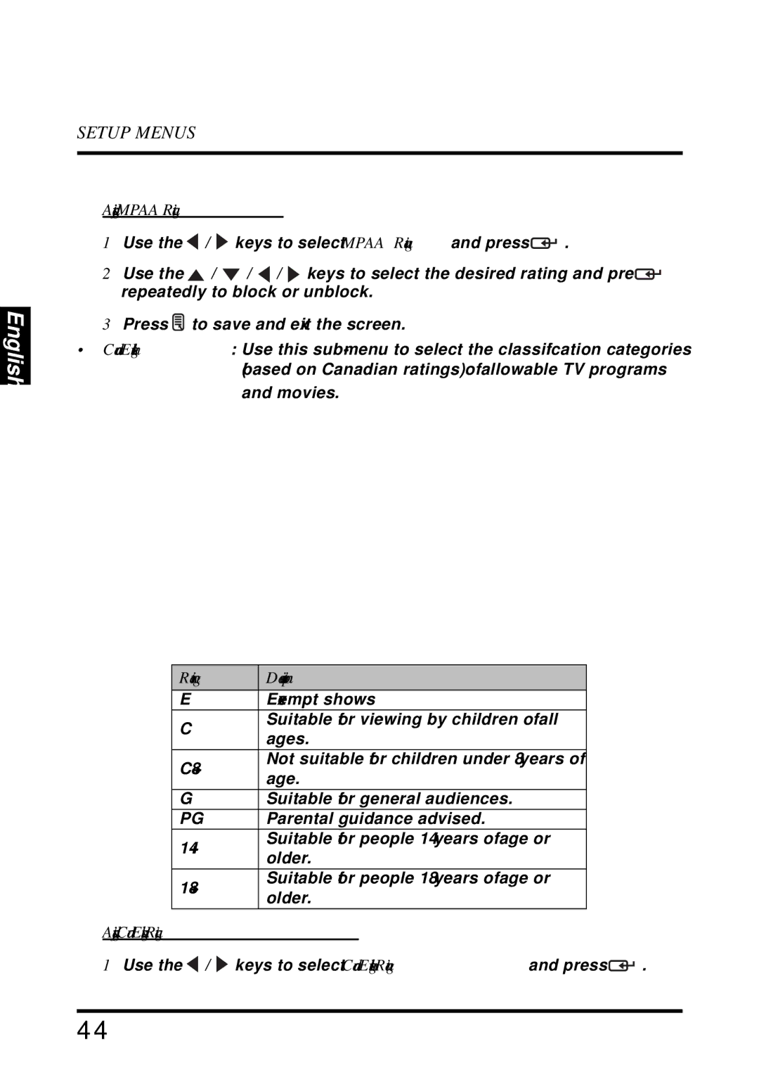 Westinghouse LD-2655VX user manual Adjusting Mpaa Rating, Adjusting Canada English Rating 