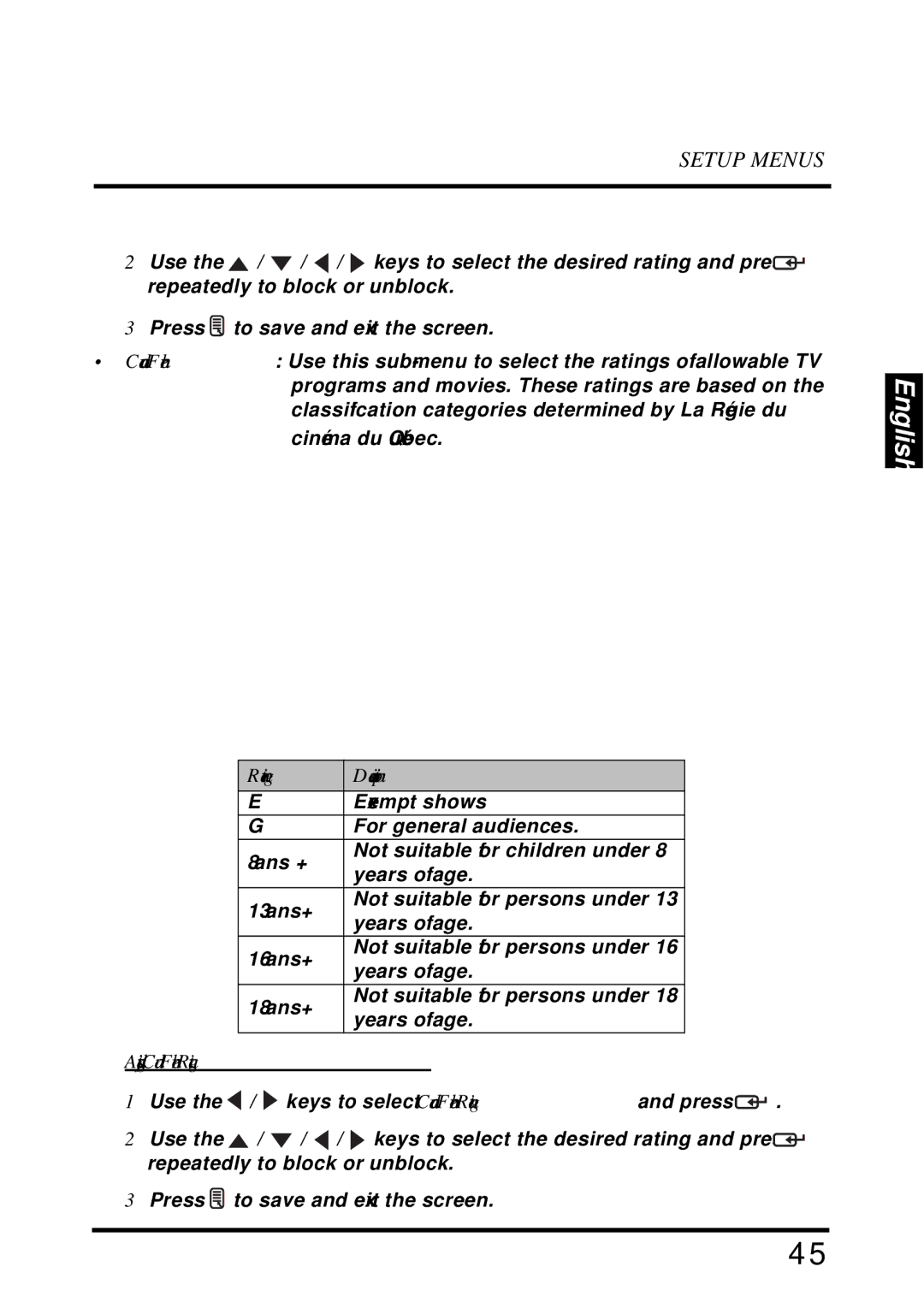 Westinghouse LD-2655VX user manual Adjusting Canada French Rating 