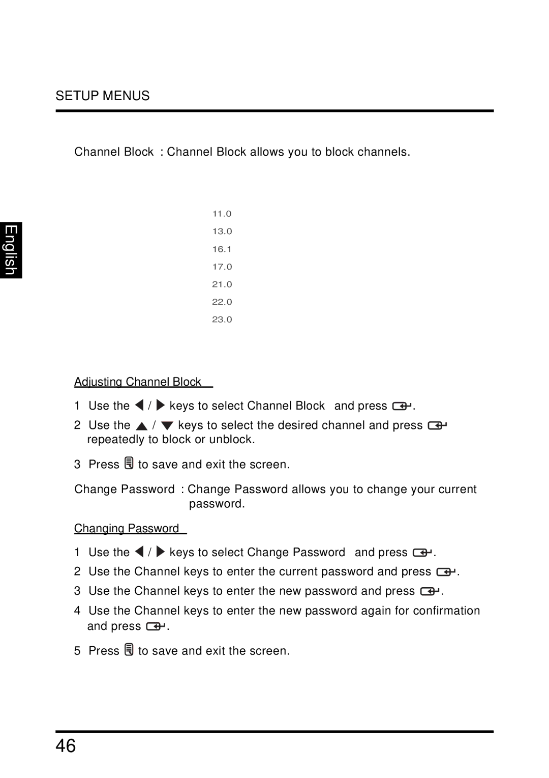 Westinghouse LD-2655VX user manual Adjusting Channel Block, Changing Password 