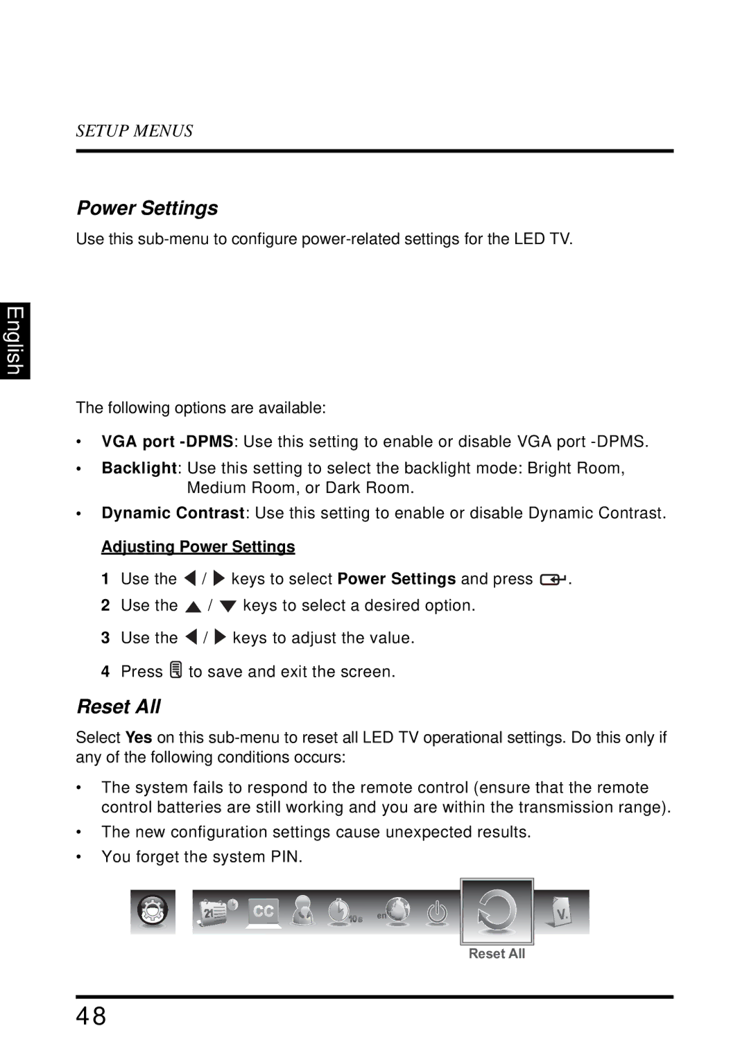 Westinghouse LD-2655VX user manual Reset All, Adjusting Power Settings 