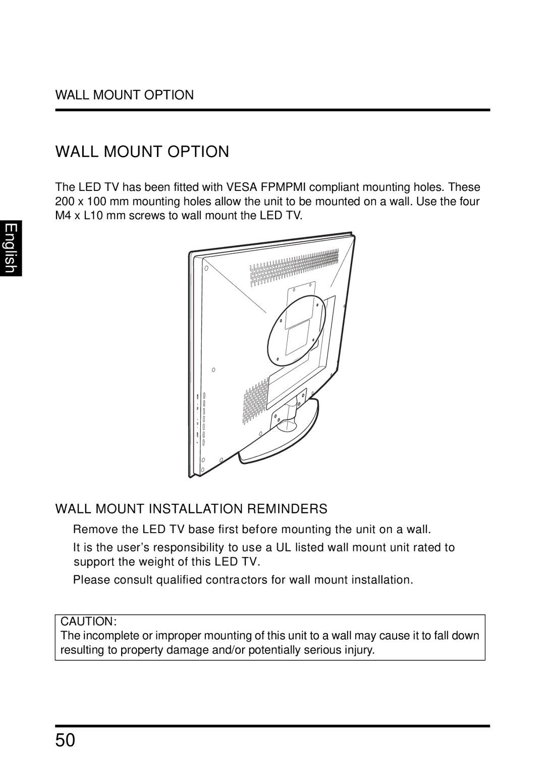 Westinghouse LD-2655VX user manual Wall Mount Option, Wall Mount Installation Reminders 