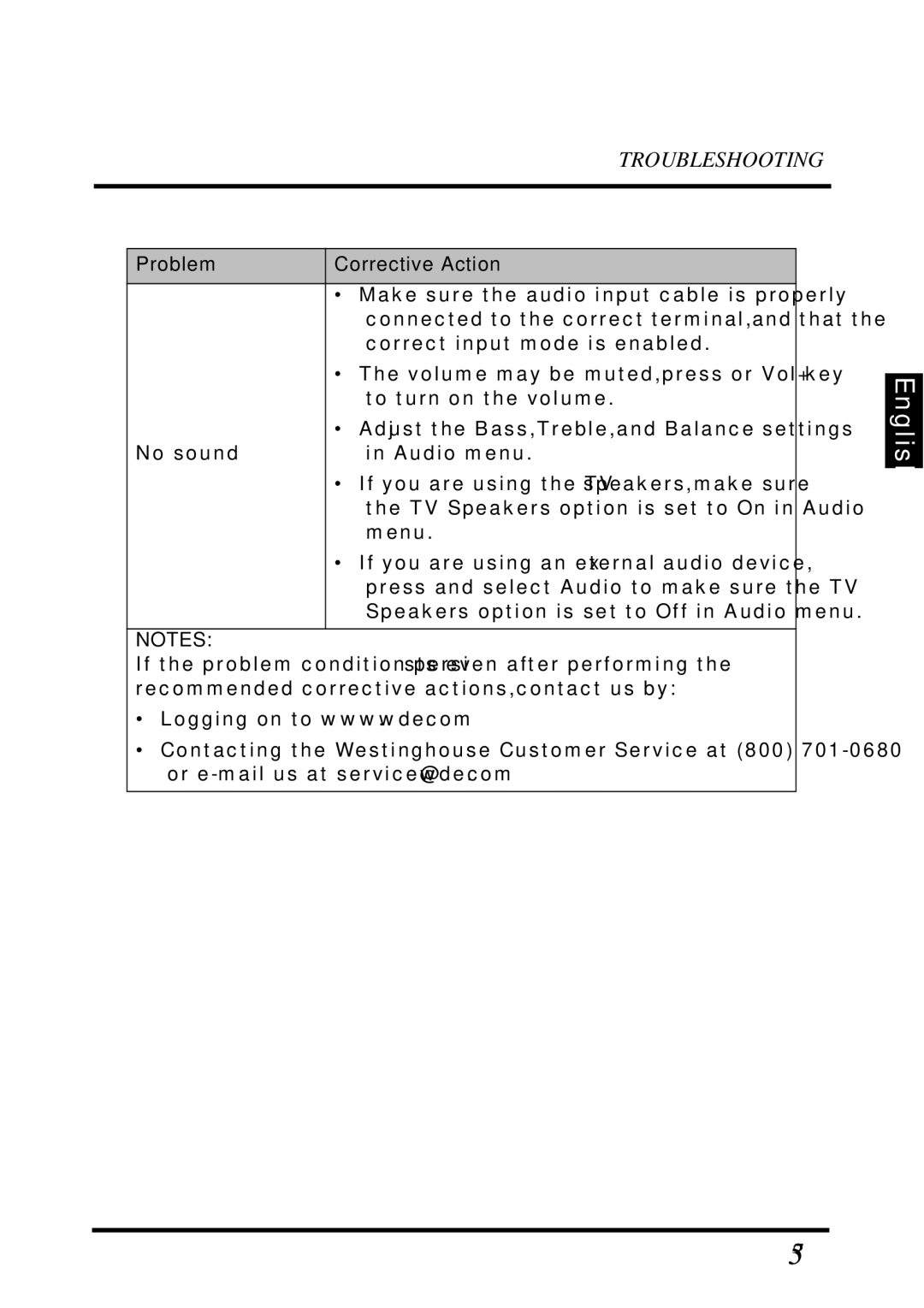 Westinghouse LD-2655VX user manual Make sure the audio input cable is properly 