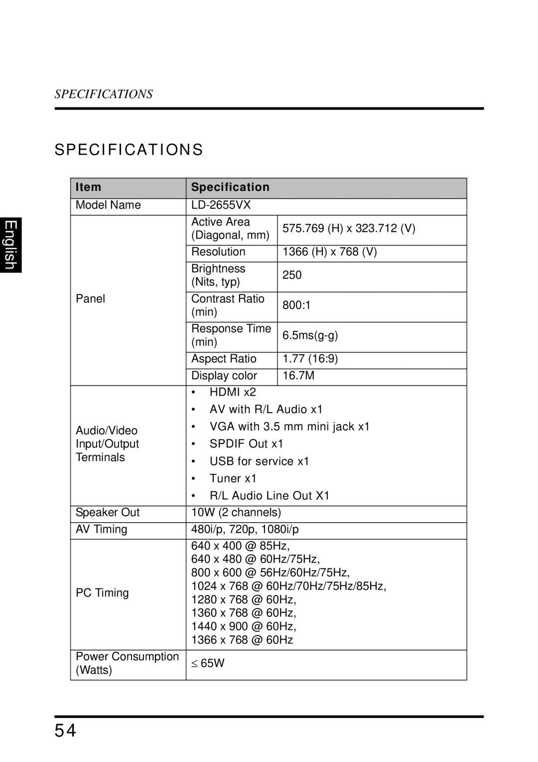 Westinghouse LD-2655VX user manual Specifications 