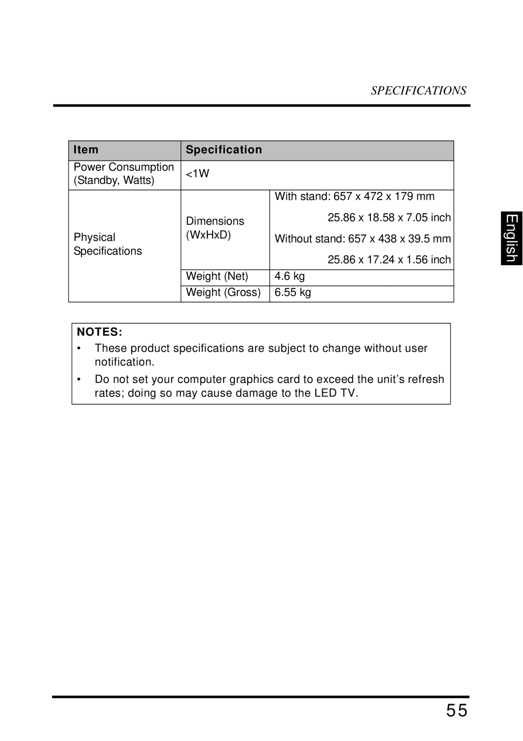 Westinghouse LD-2655VX user manual Without stand 657 x 438 x 39.5 mm 