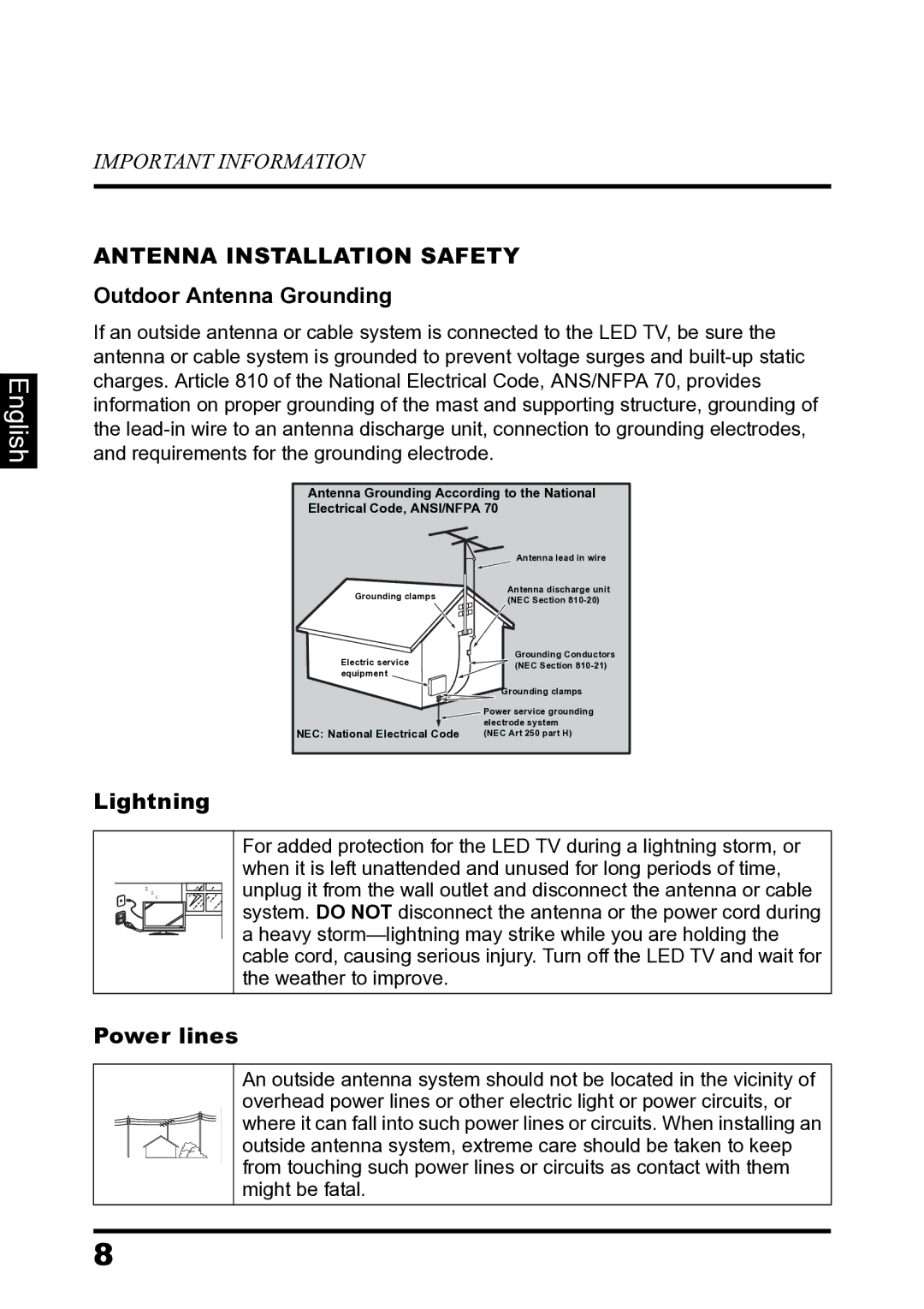 Westinghouse LD-2680 manual Antenna Installation Safety, Outdoor Antenna Grounding 