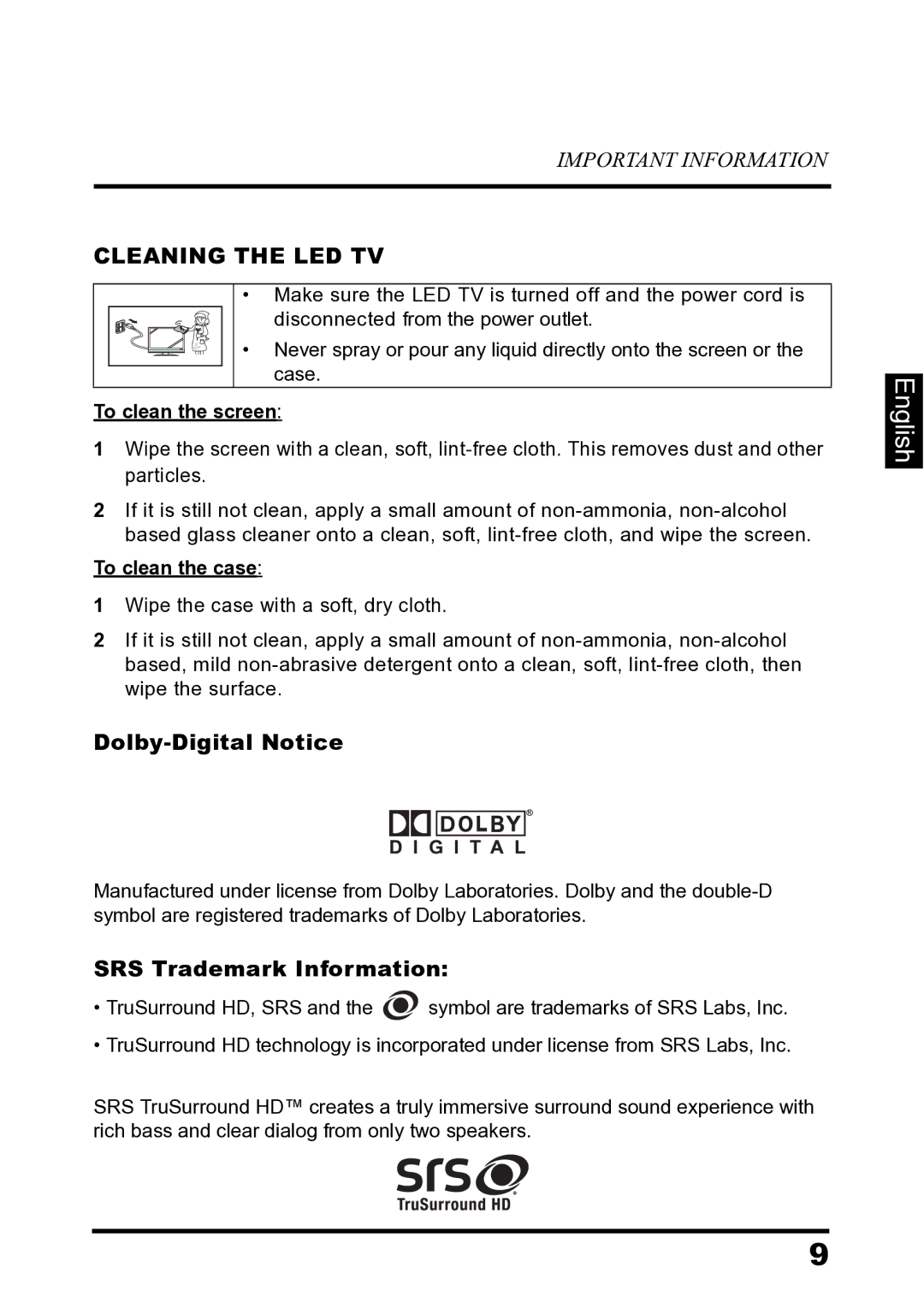 Westinghouse LD-2680 manual Cleaning the LED TV, To clean the screen, To clean the case 