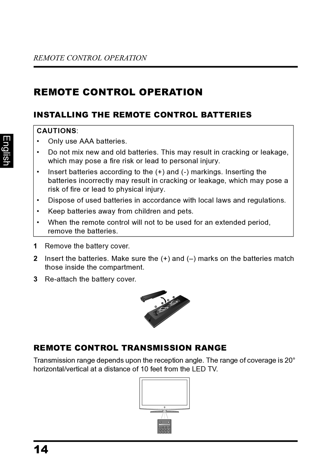 Westinghouse LD-2680 Remote Control Operation, Installing the Remote Control Batteries, Remote Control Transmission Range 