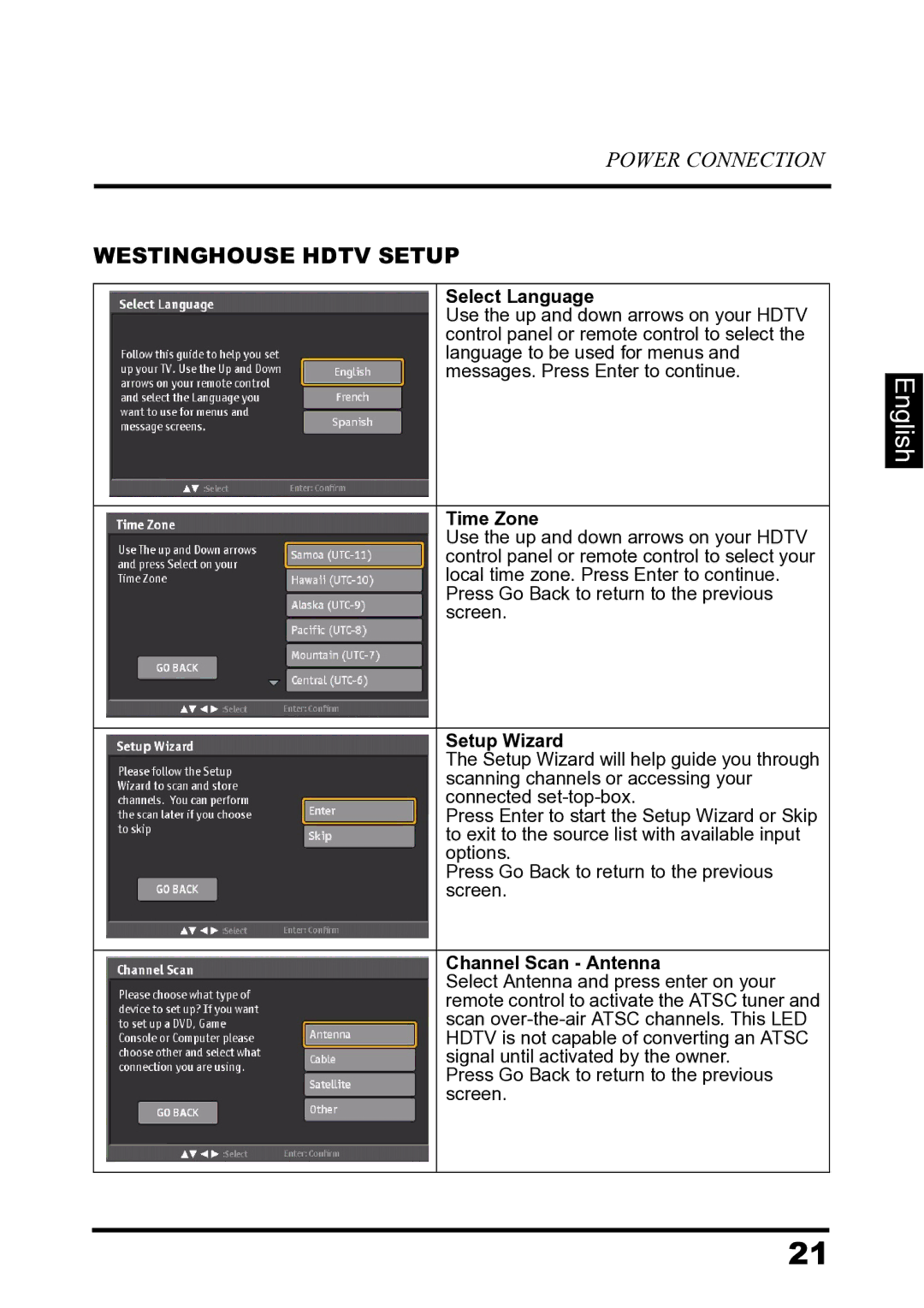 Westinghouse LD-2680 manual Westinghouse Hdtv Setup, Select Language 