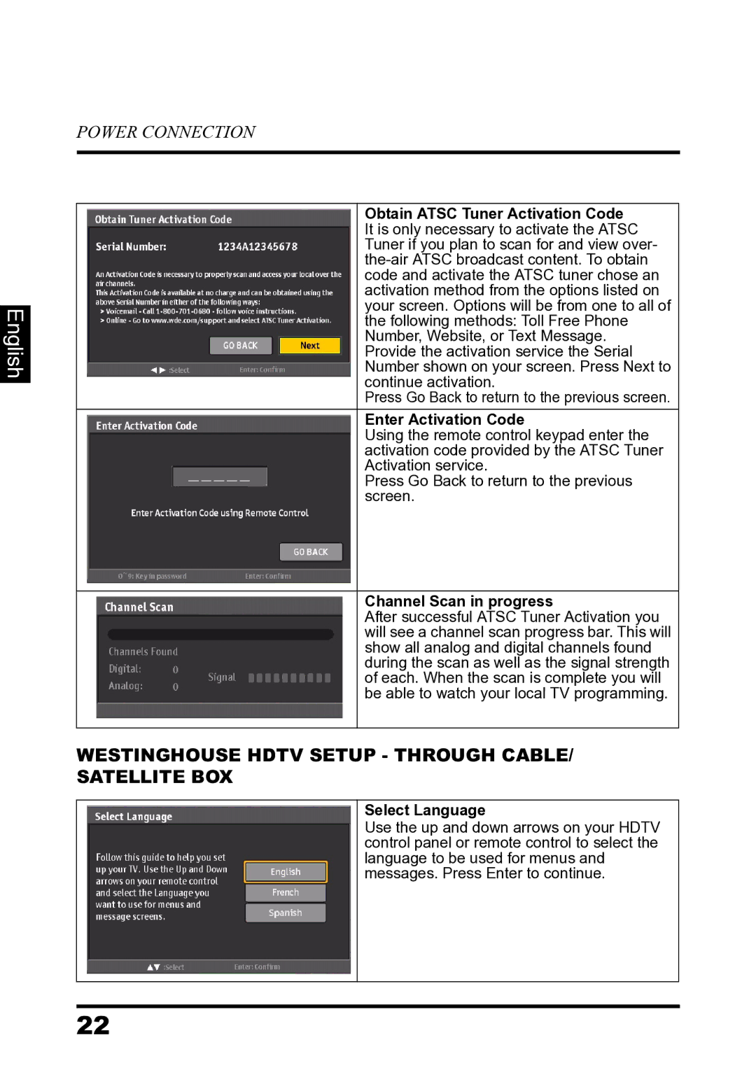 Westinghouse LD-2680 manual Westinghouse Hdtv Setup Through CABLE/ Satellite BOX, Enter Activation Code 