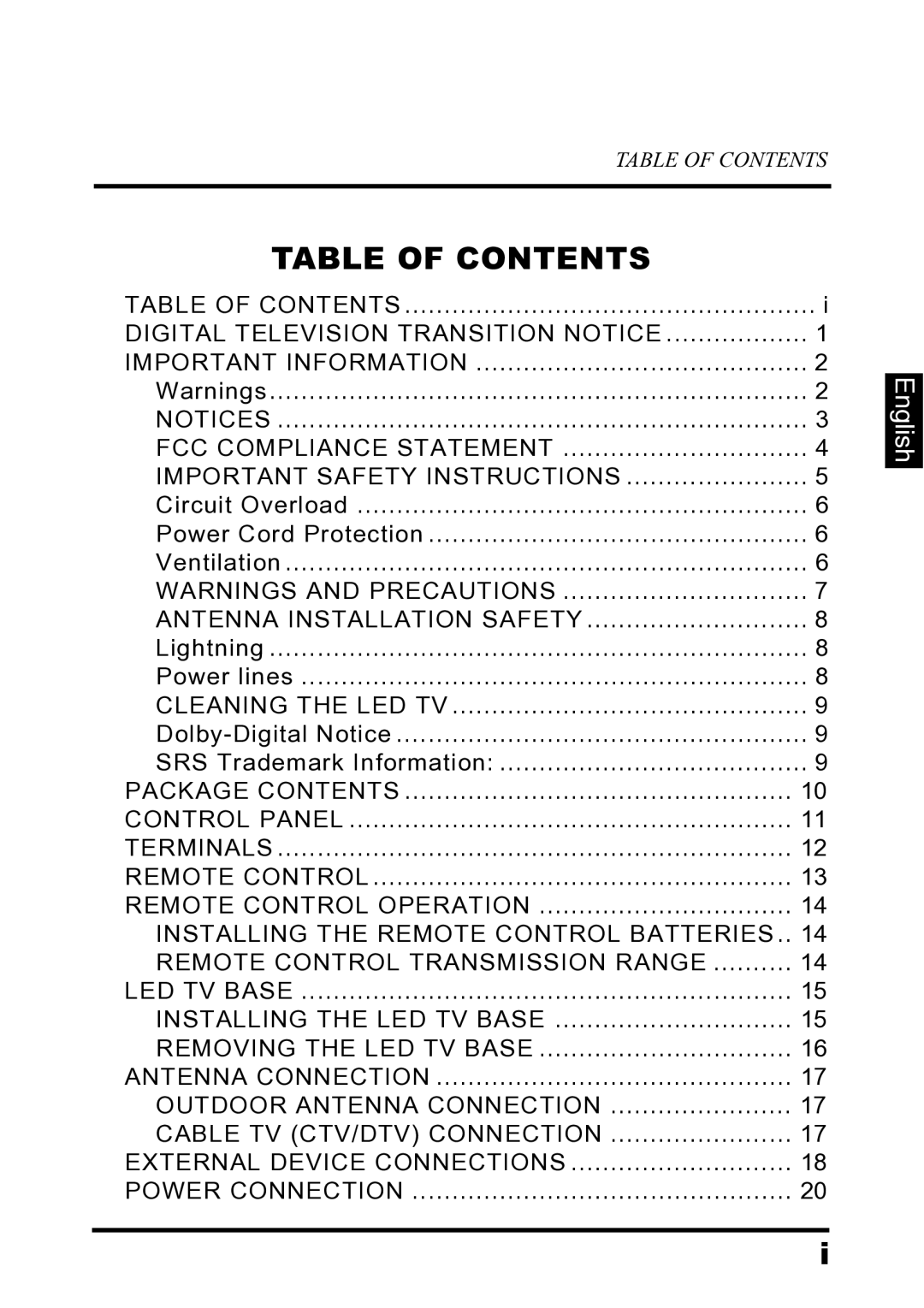 Westinghouse LD-2680 manual Table of Contents 