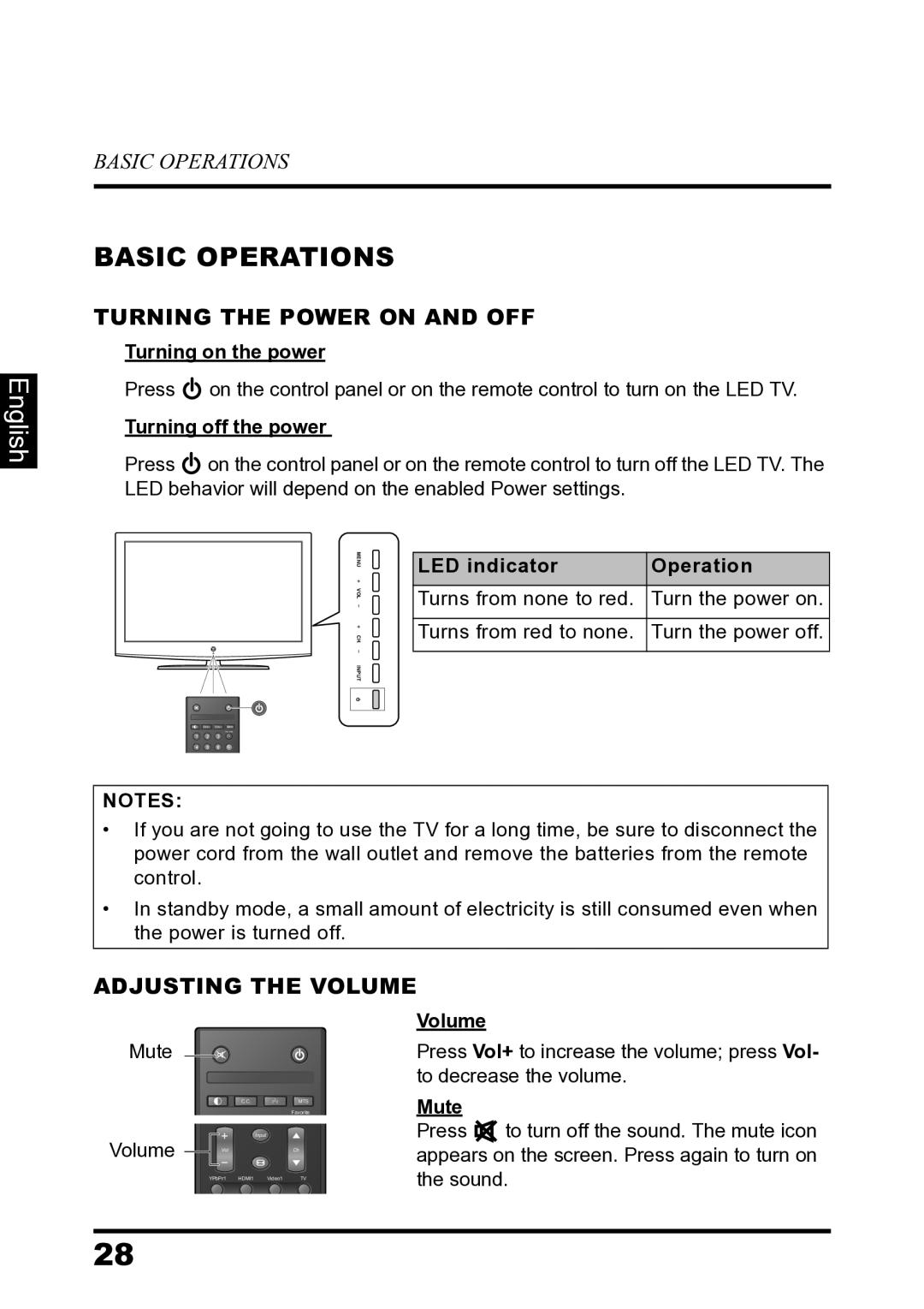 Westinghouse LD-2680 manual Basic Operations, Turning the Power on and OFF, Adjusting the Volume 