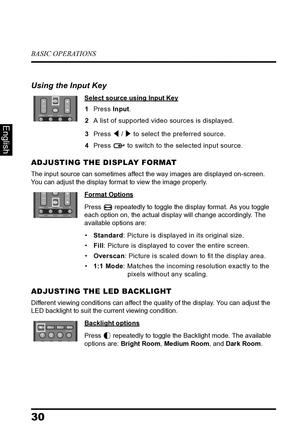 Westinghouse LD-2680 manual Adjusting the Display Format, Adjusting the LED Backlight, Format Options, Backlight options 