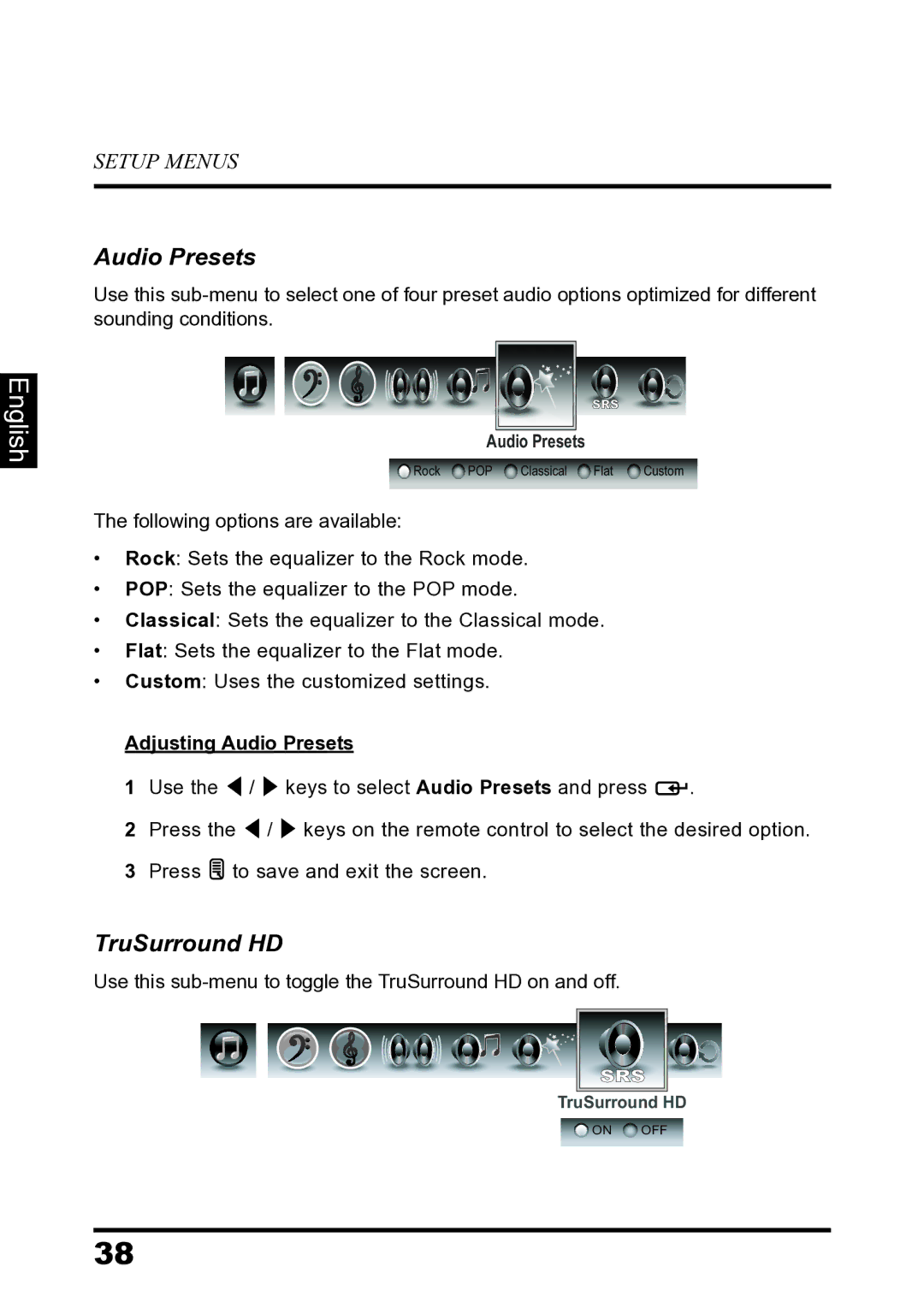 Westinghouse LD-2680 manual TruSurround HD, Adjusting Audio Presets 