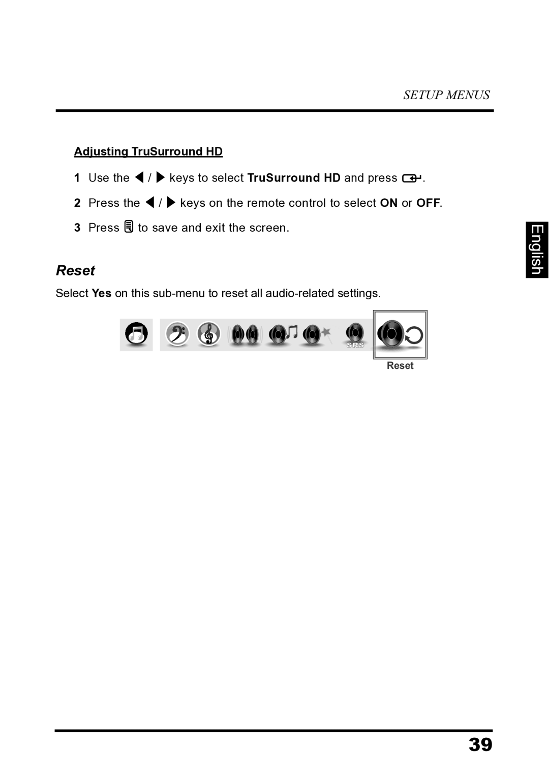 Westinghouse LD-2680 manual Reset, Adjusting TruSurround HD 