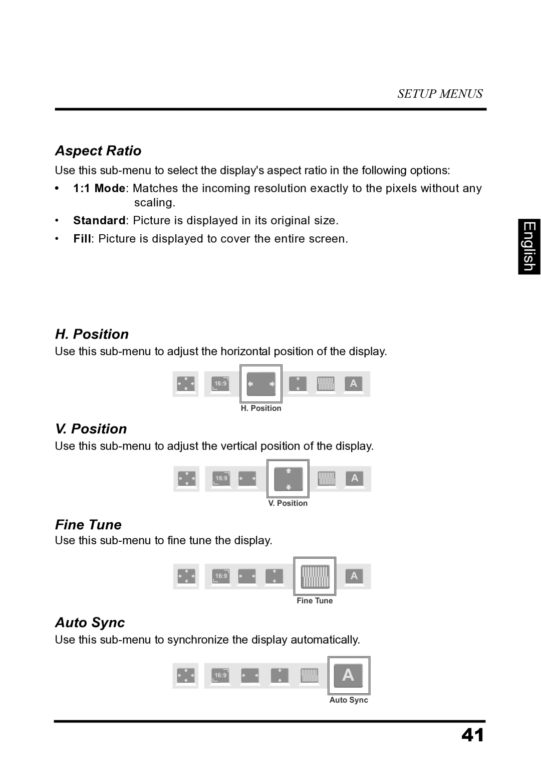 Westinghouse LD-2680 manual Aspect Ratio, Position, Fine Tune, Auto Sync 