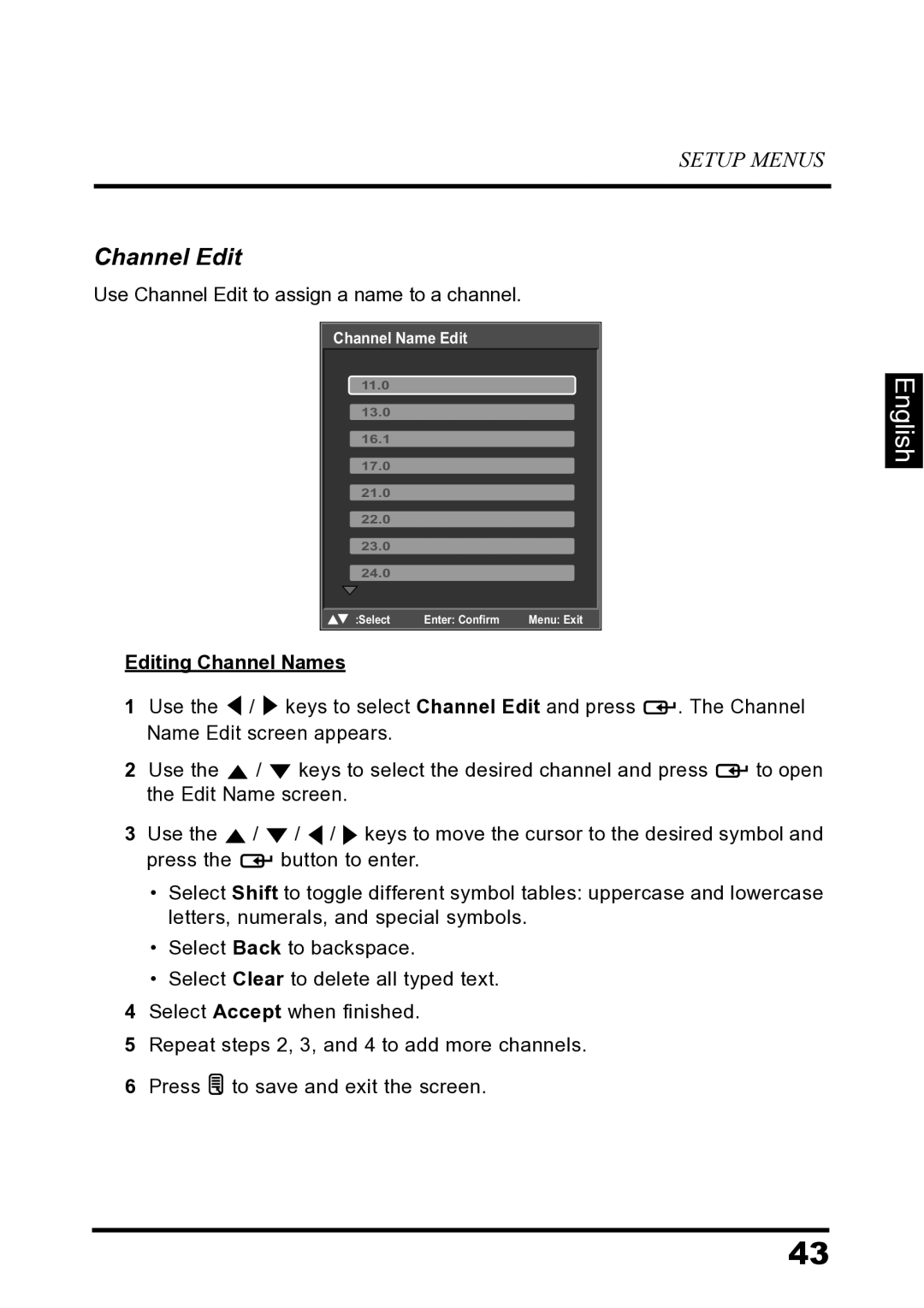 Westinghouse LD-2680 manual Channel Edit, Editing Channel Names 