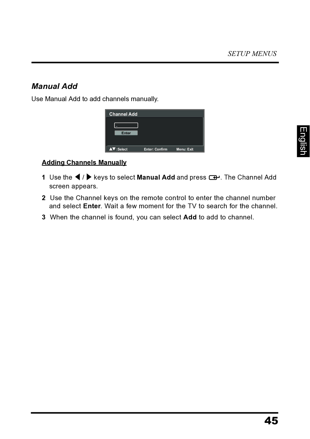 Westinghouse LD-2680 manual Manual Add, Adding Channels Manually 