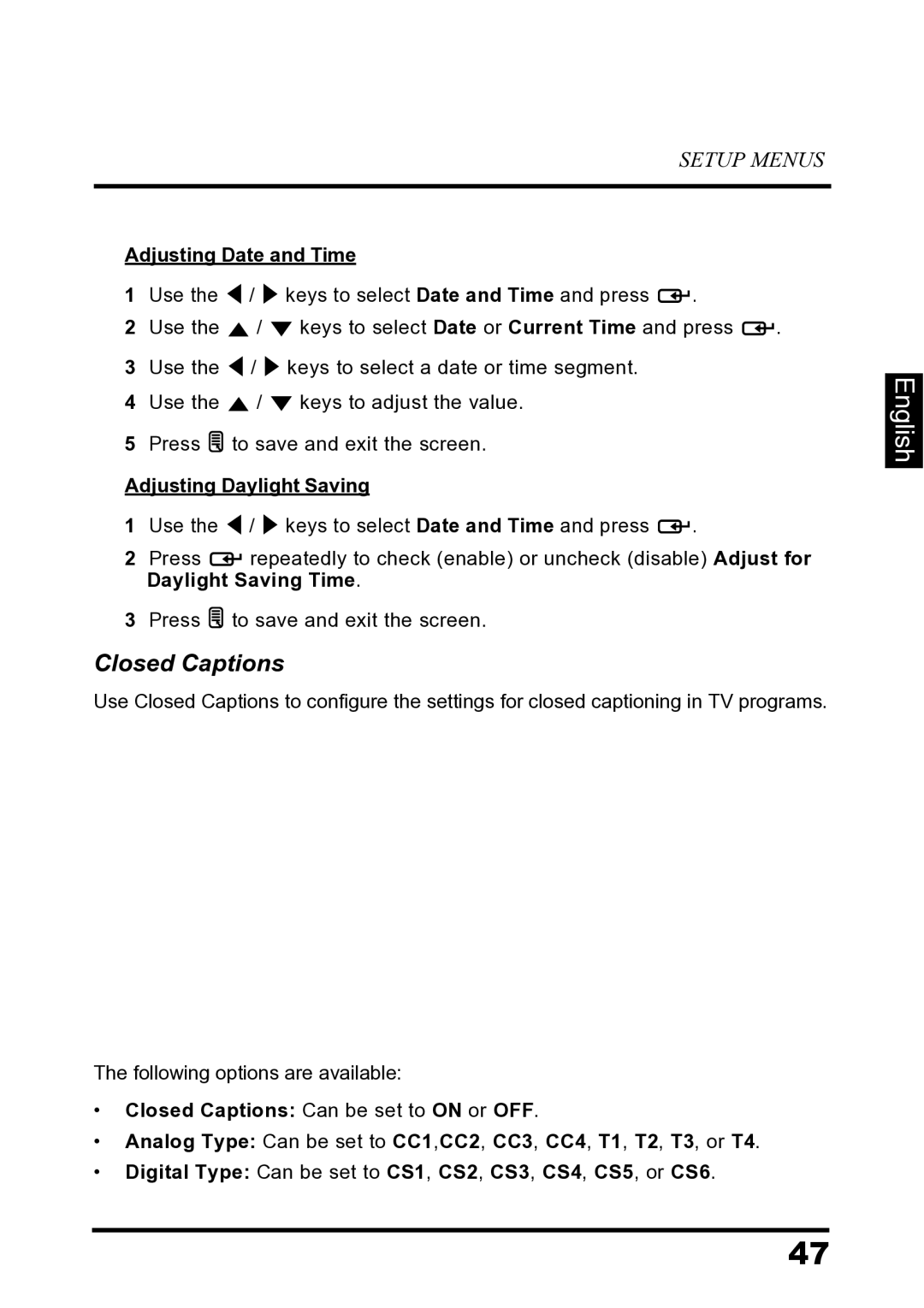 Westinghouse LD-2680 manual Closed Captions, Adjusting Date and Time, Adjusting Daylight Saving 