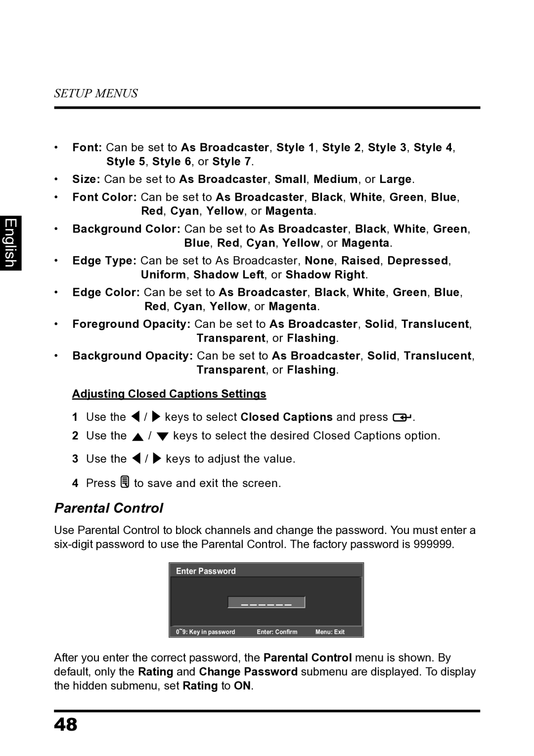 Westinghouse LD-2680 manual Parental Control 