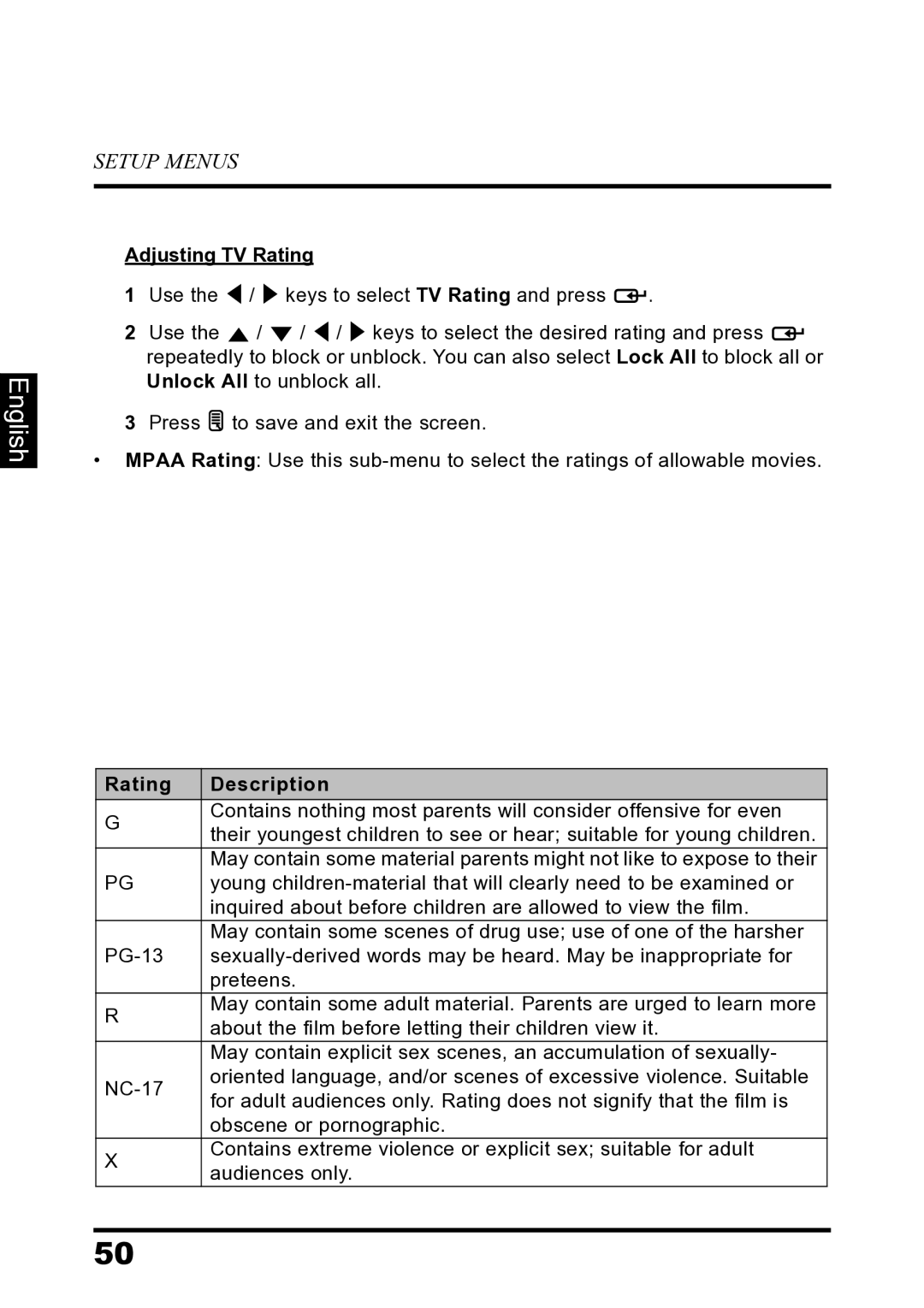 Westinghouse LD-2680 manual Adjusting TV Rating 