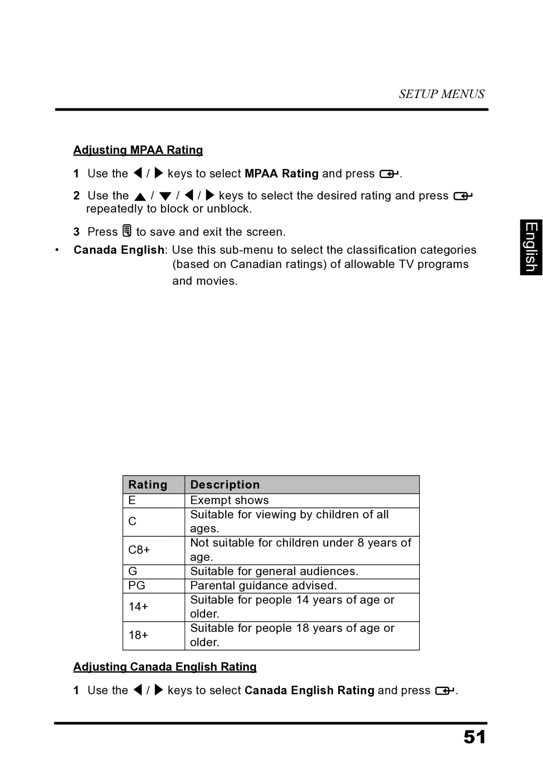 Westinghouse LD-2680 manual Adjusting Mpaa Rating, Adjusting Canada English Rating 