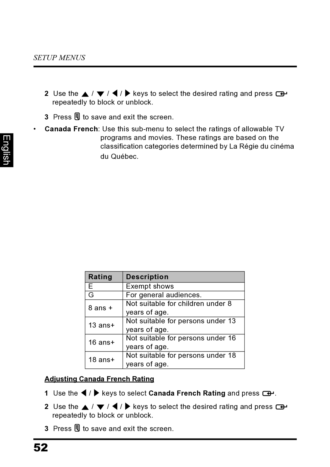 Westinghouse LD-2680 manual Adjusting Canada French Rating 