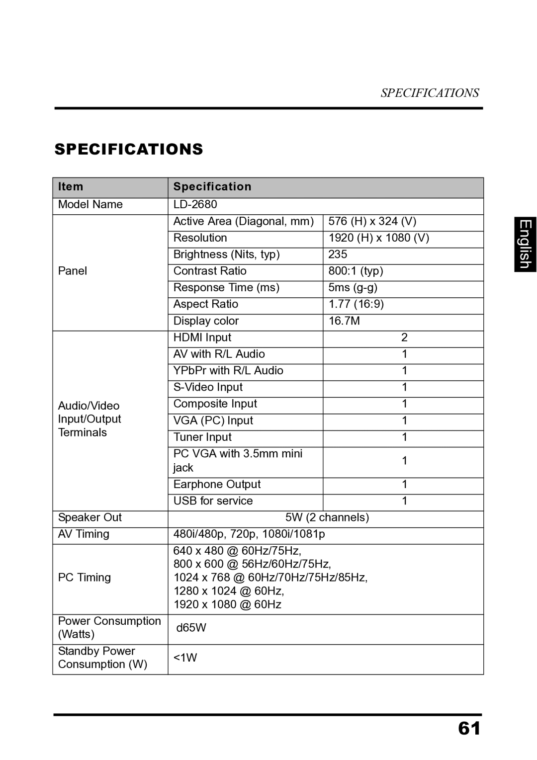 Westinghouse LD-2680 manual Specifications 