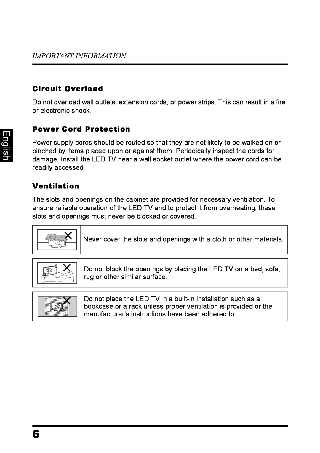 Westinghouse LD-3237 user manual English, Important Information, Circuit Overload, Power Cord Protection, Ventilation 