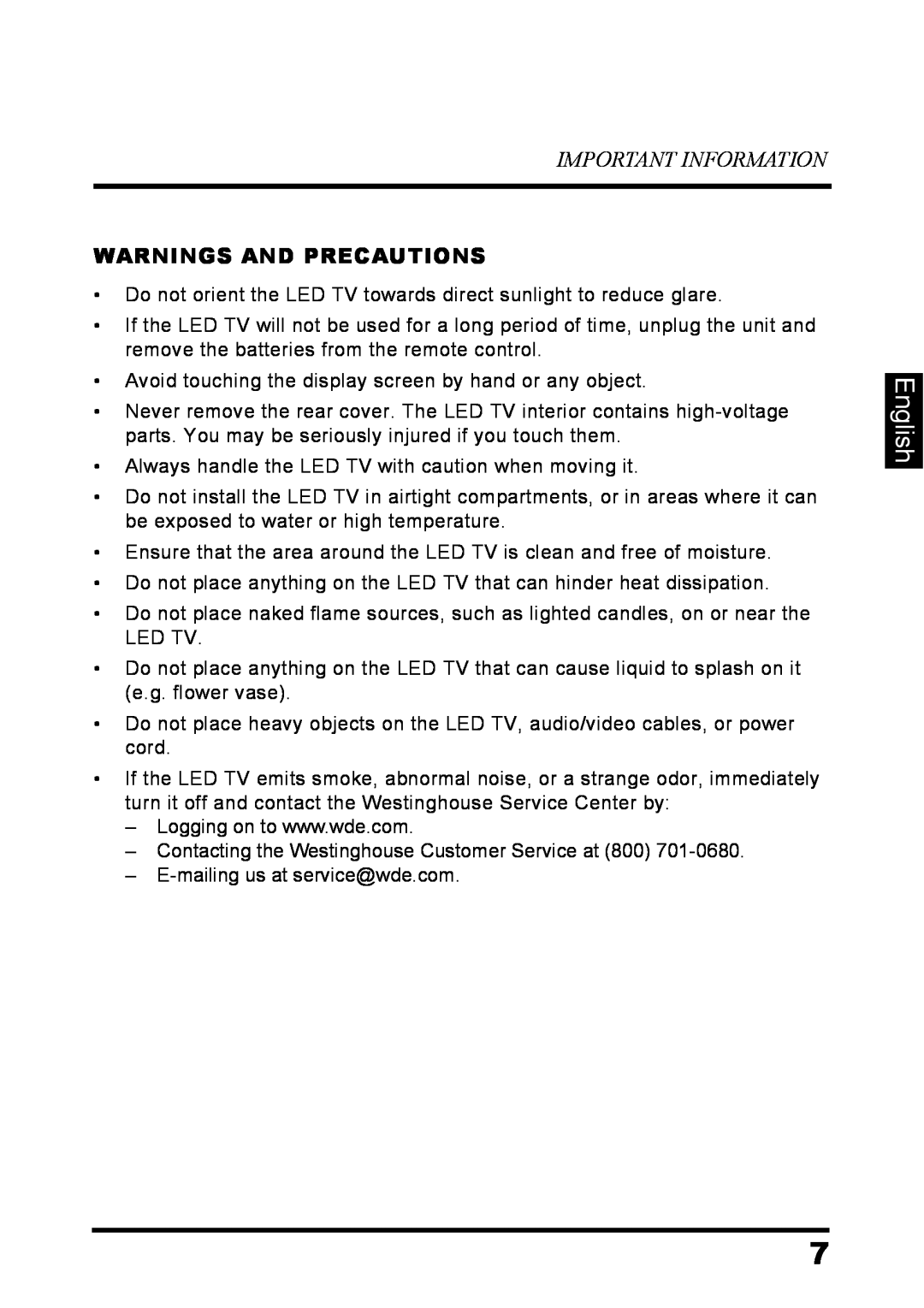 Westinghouse LD-3237 user manual English, Important Information, Warnings And Precautions 
