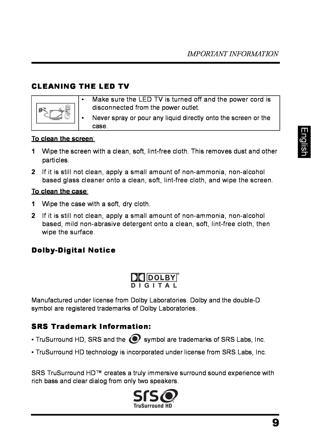Westinghouse LD-3237 English, Important Information, Cleaning The Led Tv, Dolby-Digital Notice, SRS Trademark Information 
