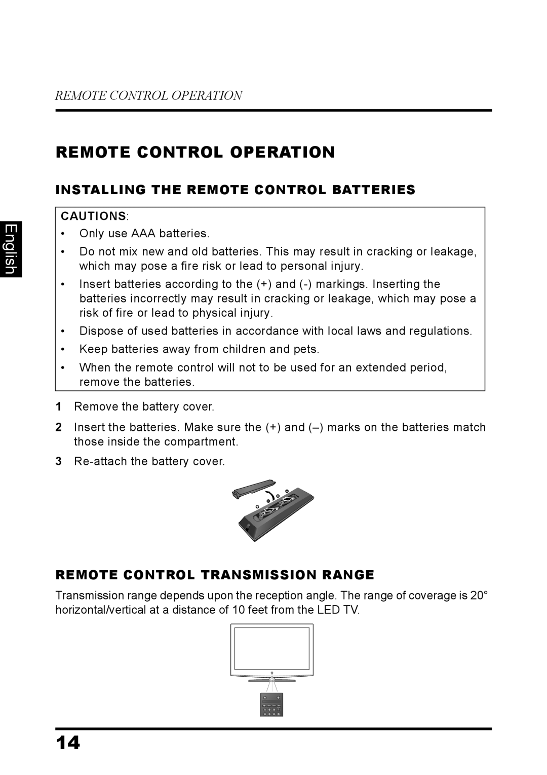 Westinghouse LD-3237 user manual Remote Control Operation, English, Installing The Remote Control Batteries 