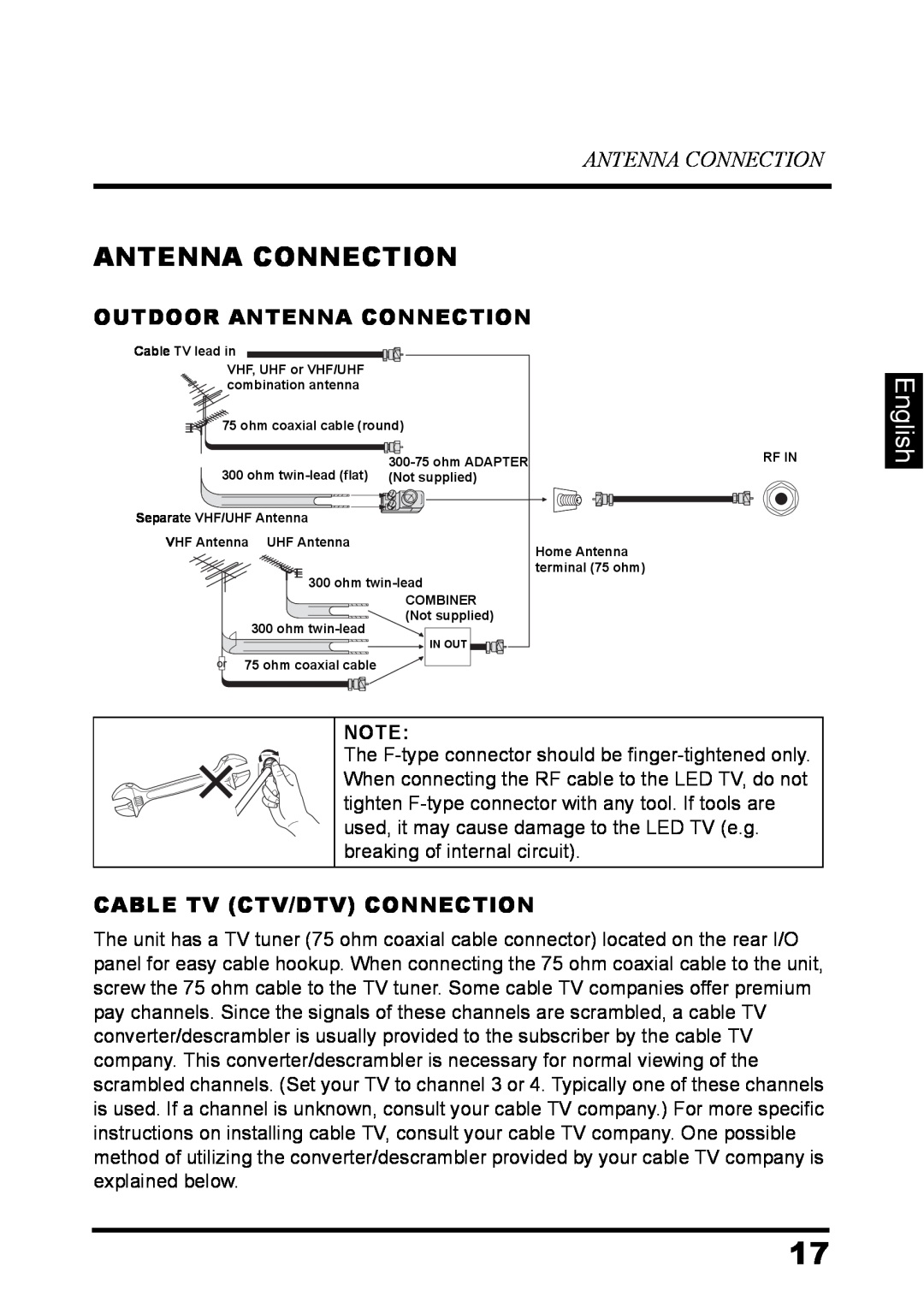 Westinghouse LD-3237 user manual English, Outdoor Antenna Connection, Cable Tv Ctv/Dtv Connection 