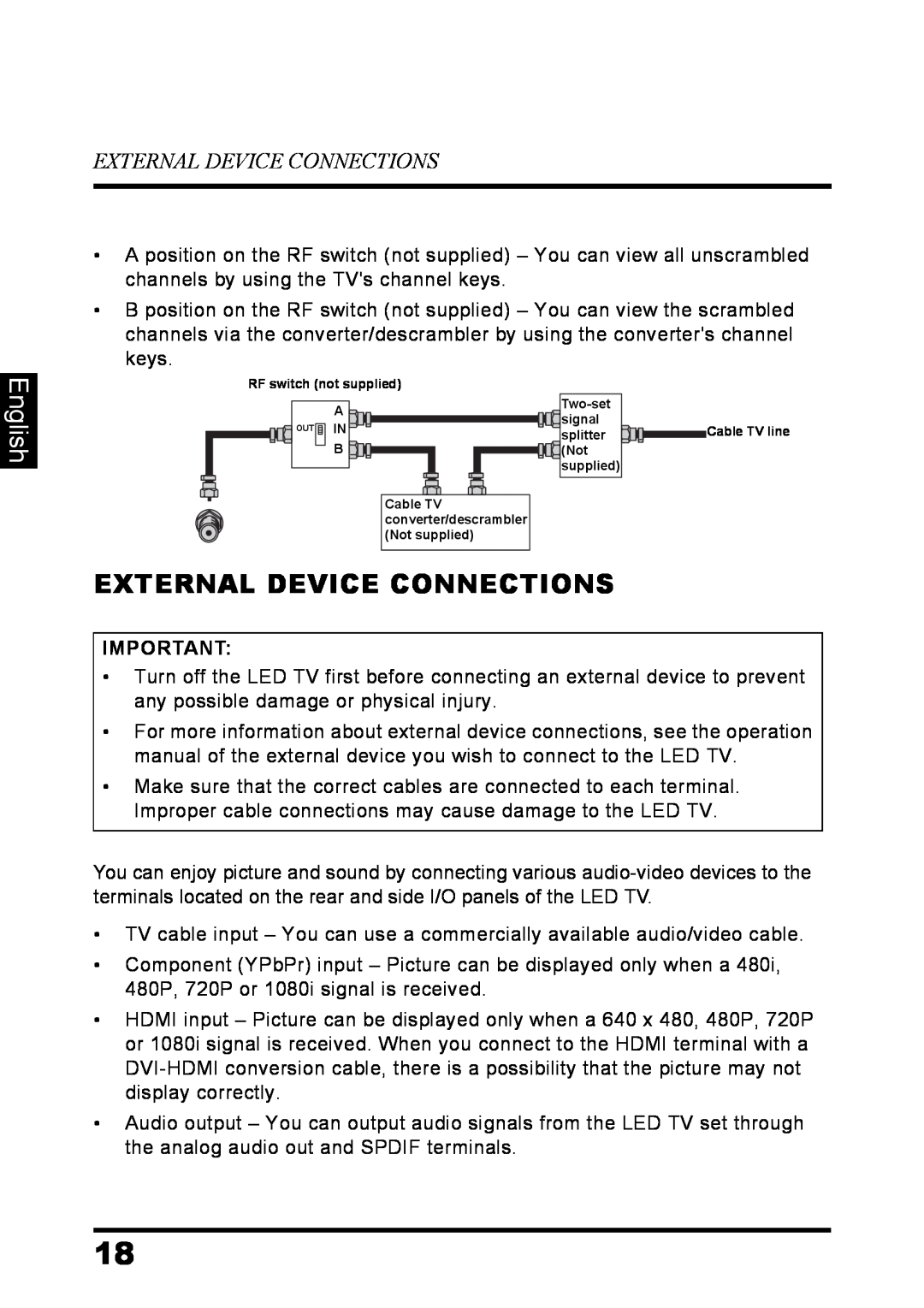 Westinghouse LD-3237 user manual External Device Connections, English 